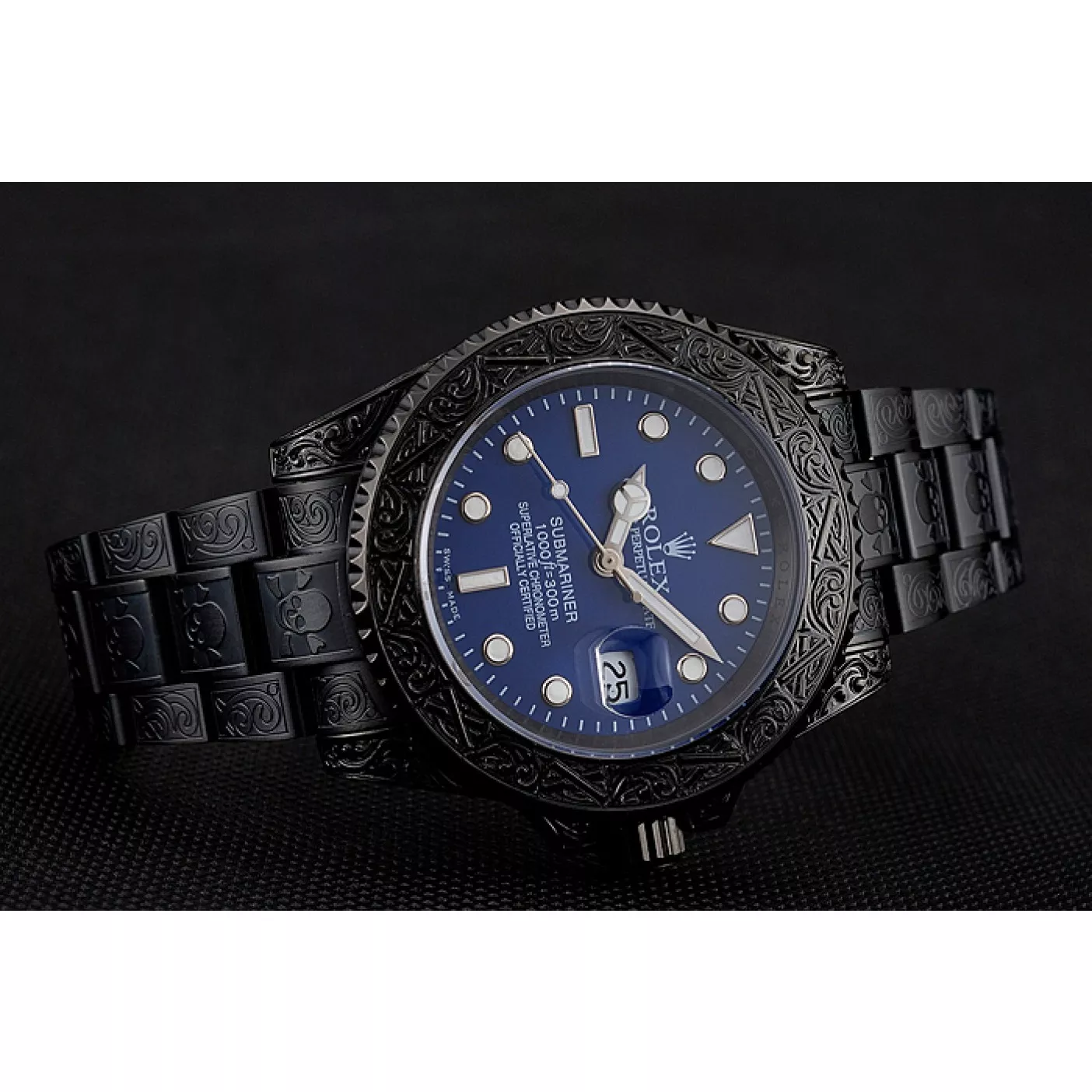 Rolex copies cheap Swiss Rolex Submariner Skull Limited Edition Blue Dial All Black Case And Bracelet 1454084 0123