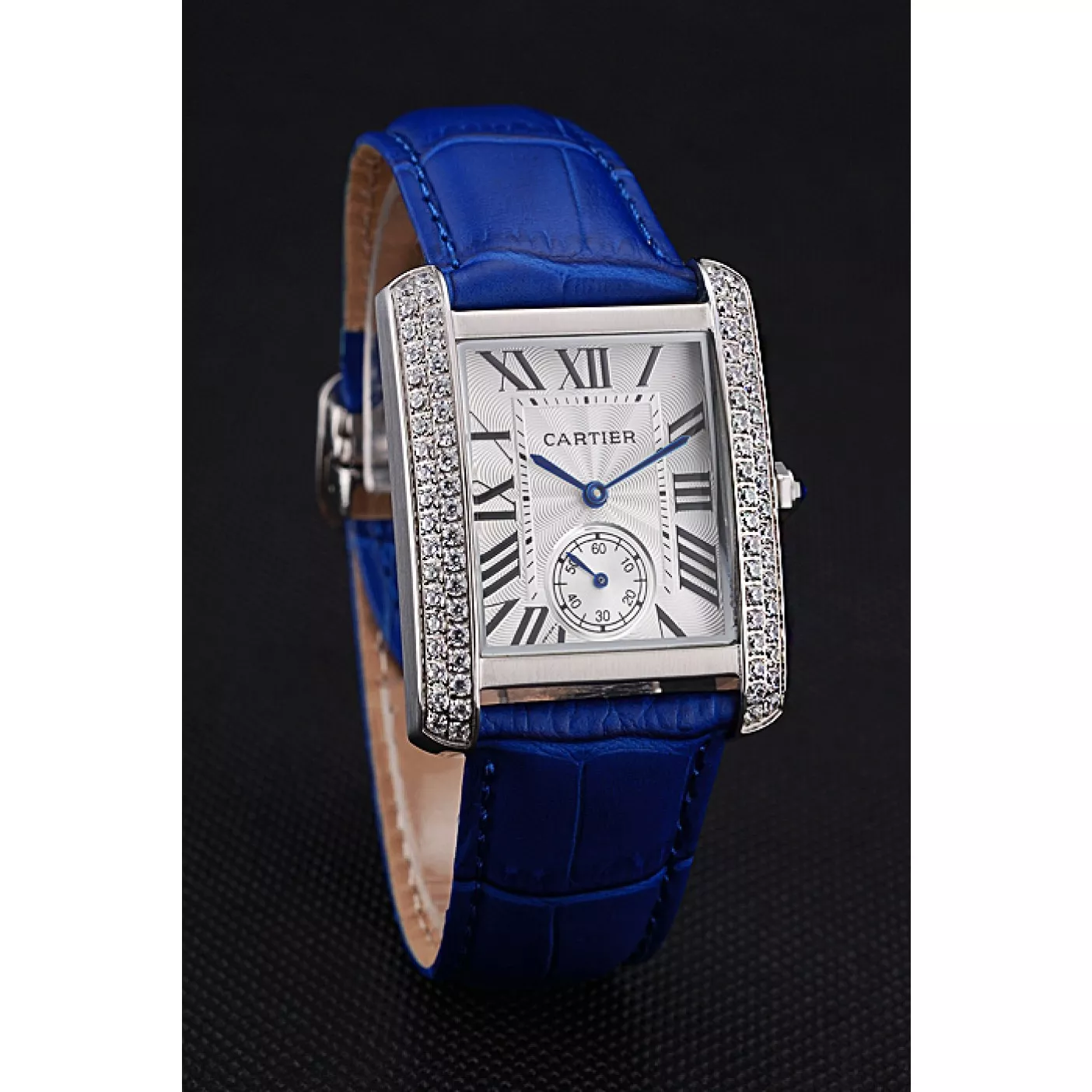 Rolex copies cheap Cartier Tank MC Stainless Steel Diamond Case White Dial Blue Leather Strap 622172 0129