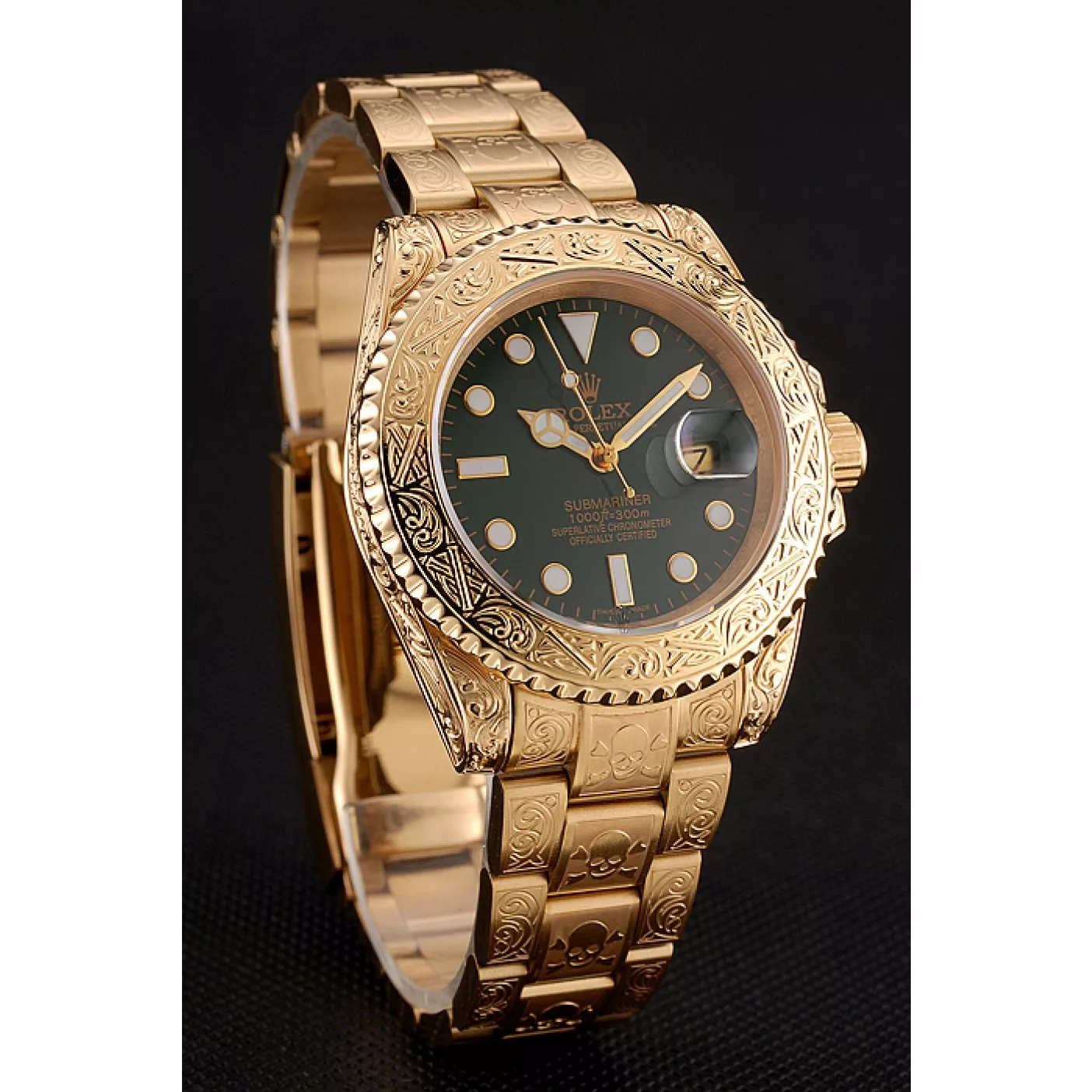 AAA replica watch Swiss Rolex Submariner Skull Limited Edition Green Dial Gold Case And Bracelet 1454088 0123