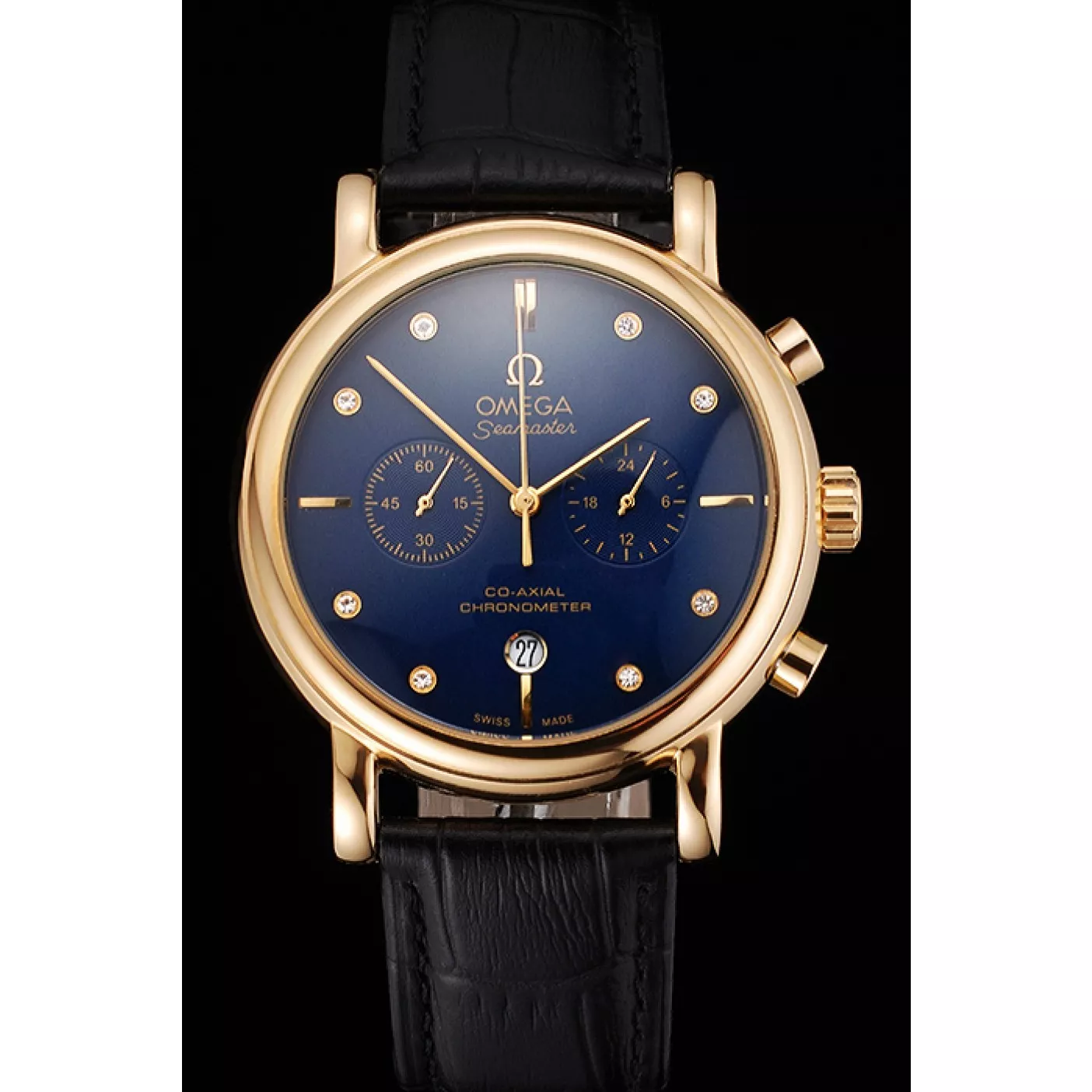 Rolex copies cheap Omega Seamaster Vintage Chronograph Blue Dial Diamond Hour Marks Gold Case Black Leather Strap 0119