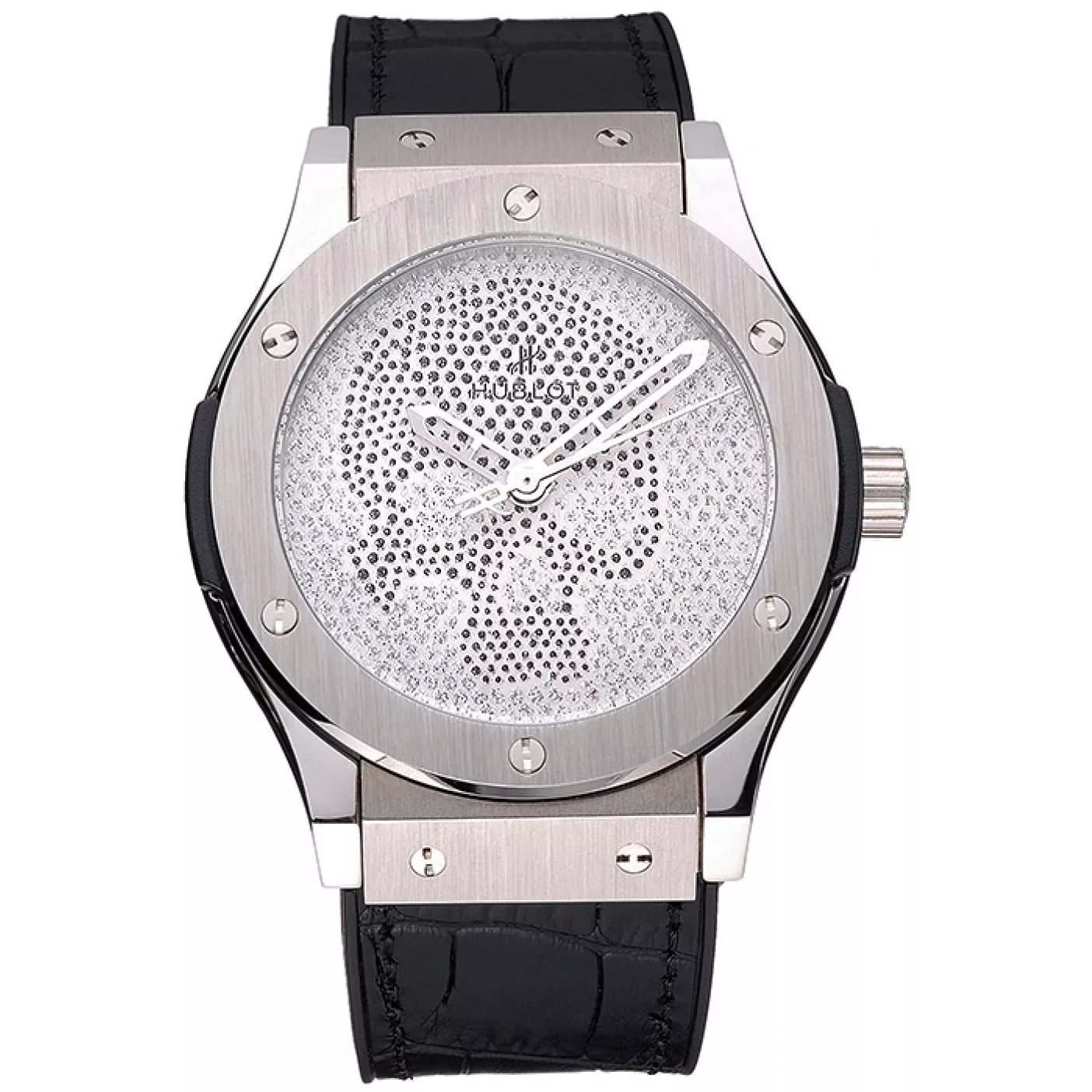 Hublot Classic Fusion Diamond Skull Dial Stainless Steel Case Black Leather Strap 622814 0117