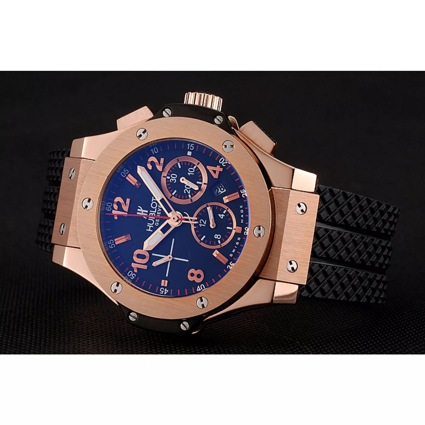 Rolex aaa copy Swiss Hublot Big Bang Black Dial Rose Gold Case Black Rubber Bracelet 1453898 0127