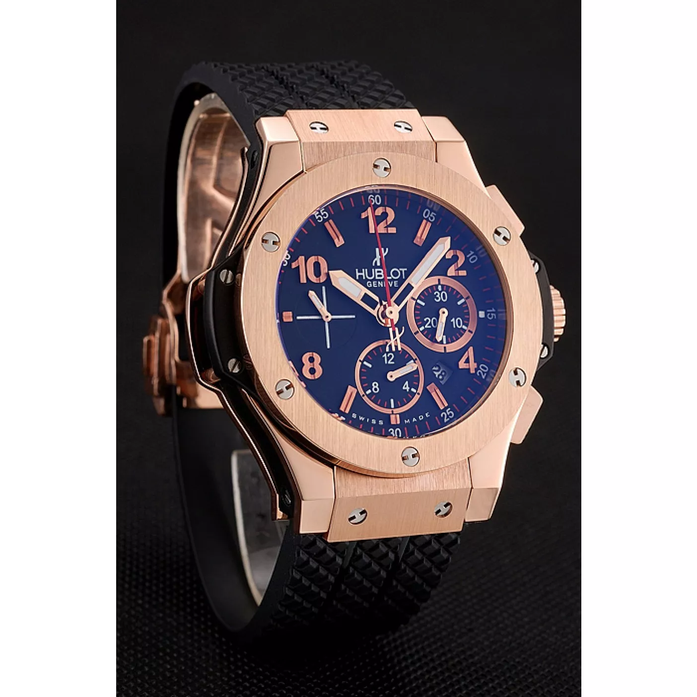 Rolex aaa copy Swiss Hublot Big Bang Black Dial Rose Gold Case Black Rubber Bracelet 1453898 0127