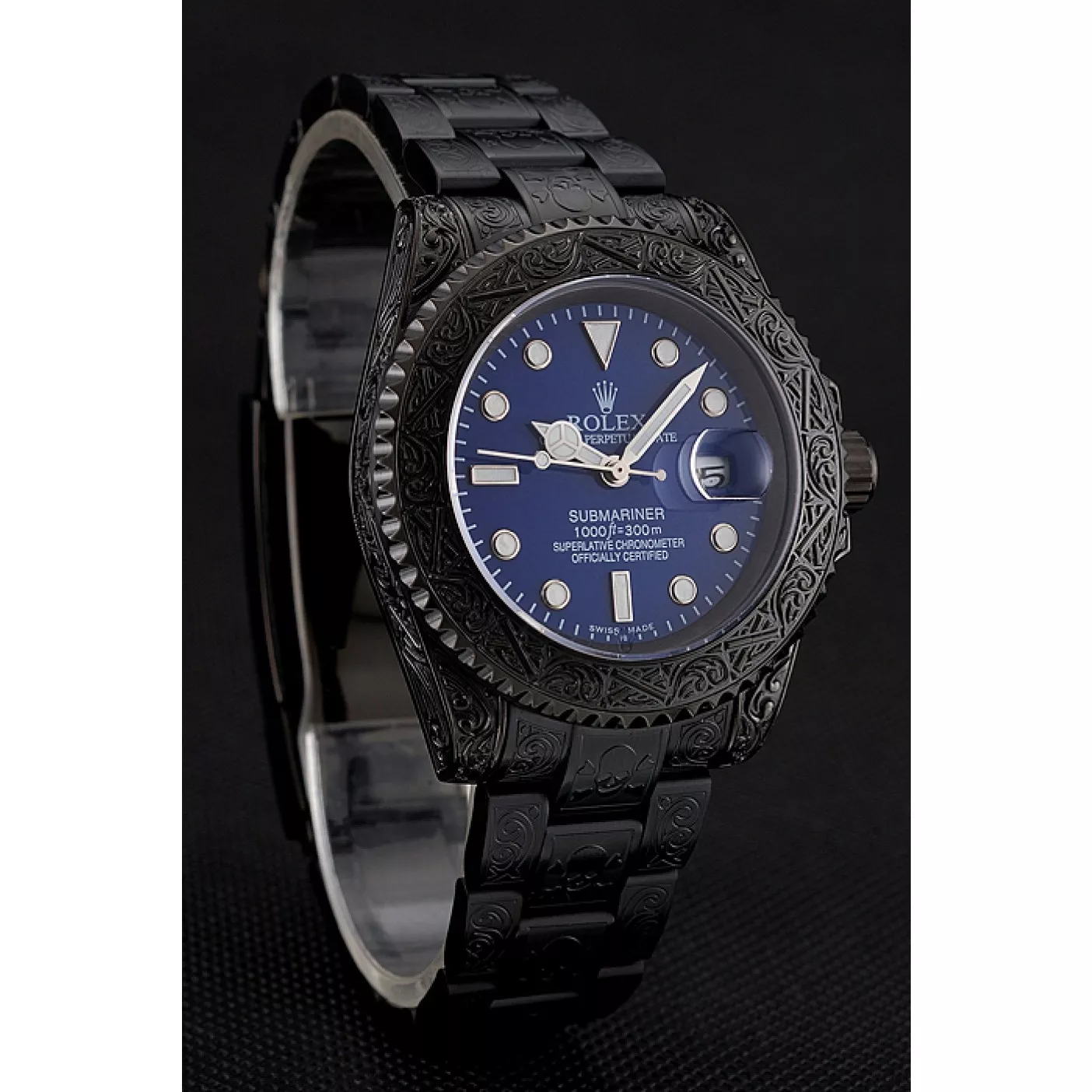 Rolex copies cheap Swiss Rolex Submariner Skull Limited Edition Blue Dial All Black Case And Bracelet 1454084 0123