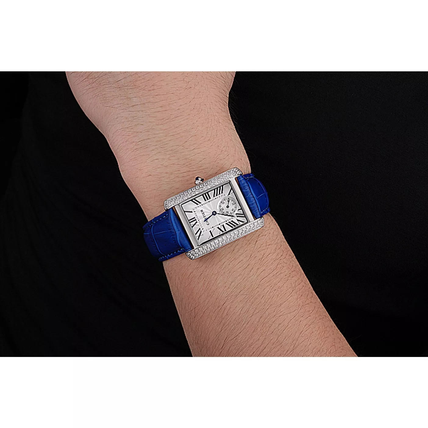 Rolex copies cheap Cartier Tank MC Stainless Steel Diamond Case White Dial Blue Leather Strap 622172 0129