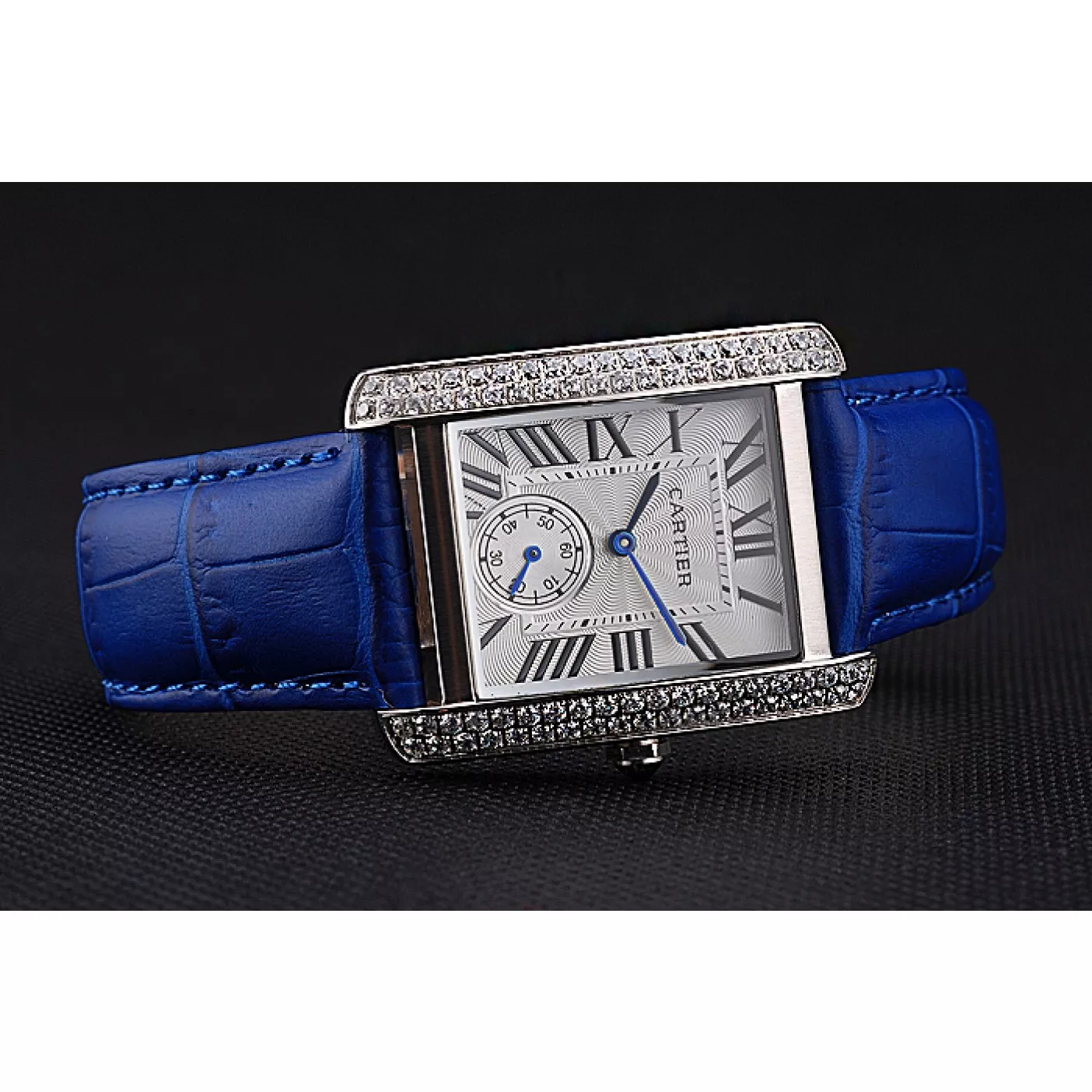 Rolex copies cheap Cartier Tank MC Stainless Steel Diamond Case White Dial Blue Leather Strap 622172 0129