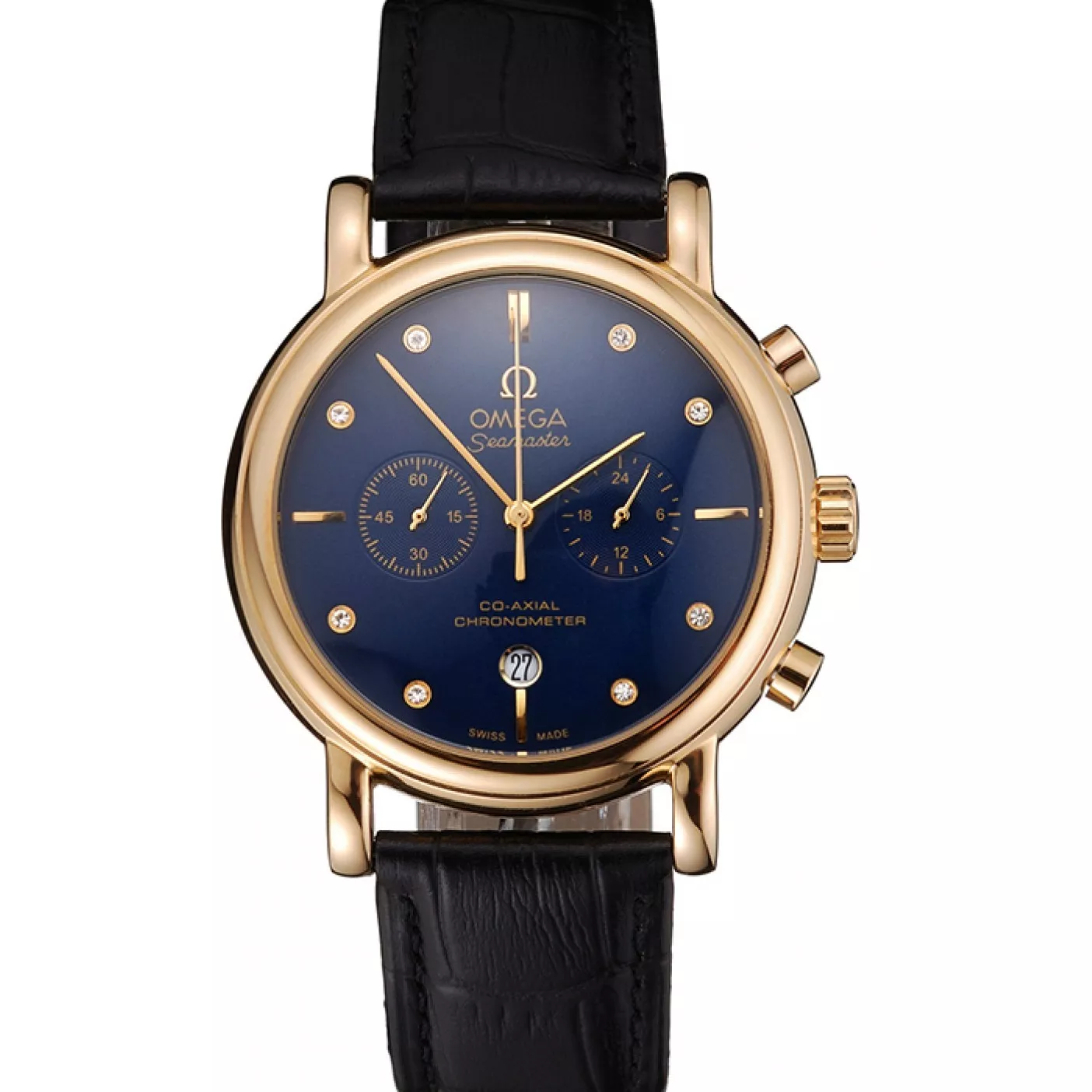 Omega Seamaster Vintage Chronograph Blue Dial Diamond Hour Marks Gold Case Black Leather Strap 0119