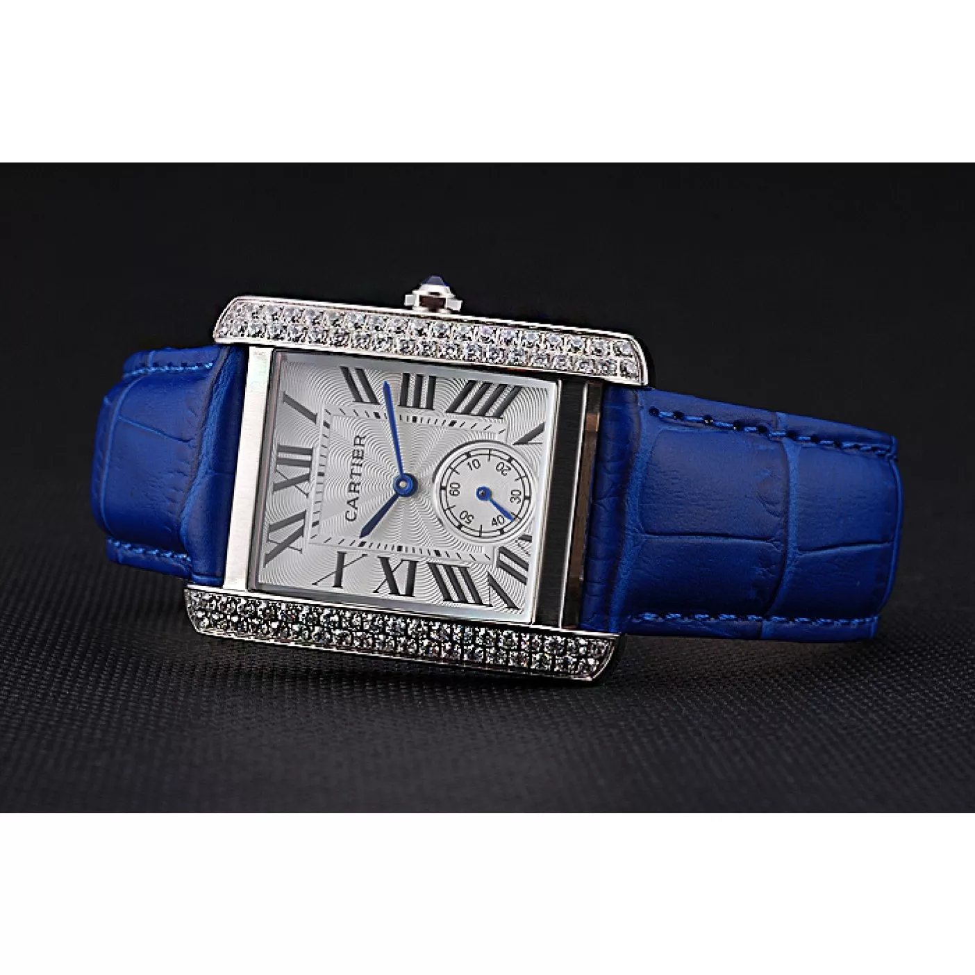 Rolex copies cheap Cartier Tank MC Stainless Steel Diamond Case White Dial Blue Leather Strap 622172 0129