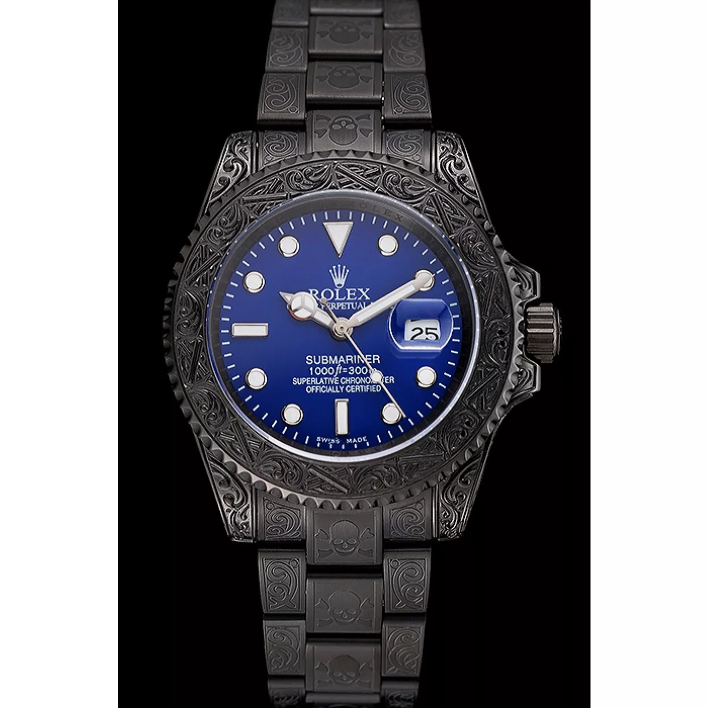 Rolex copies cheap Swiss Rolex Submariner Skull Limited Edition Blue Dial All Black Case And Bracelet 1454084 0123