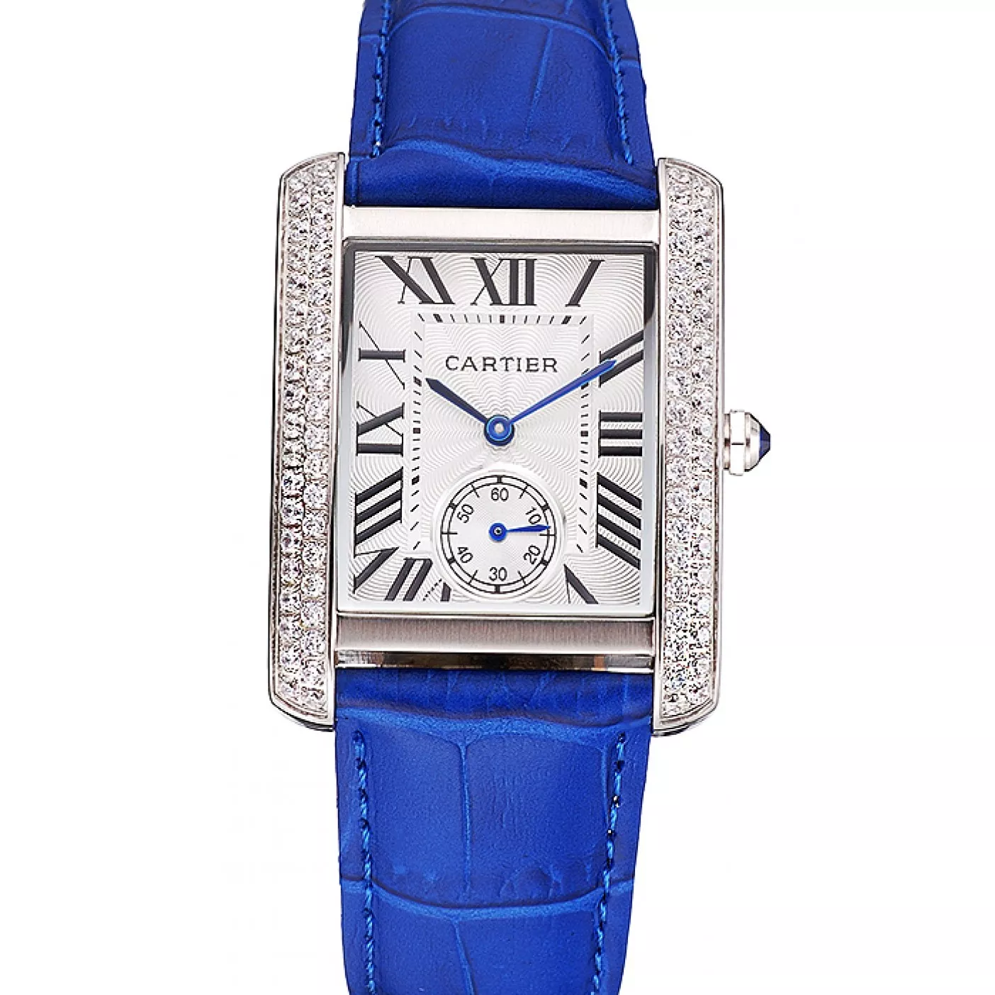 Rolex copies cheap Cartier Tank MC Stainless Steel Diamond Case White Dial Blue Leather Strap 622172 0129