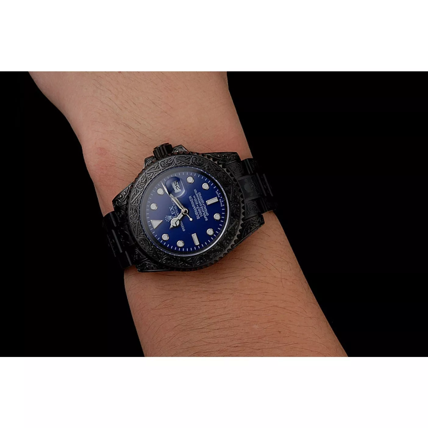 Rolex copies cheap Swiss Rolex Submariner Skull Limited Edition Blue Dial All Black Case And Bracelet 1454084 0123