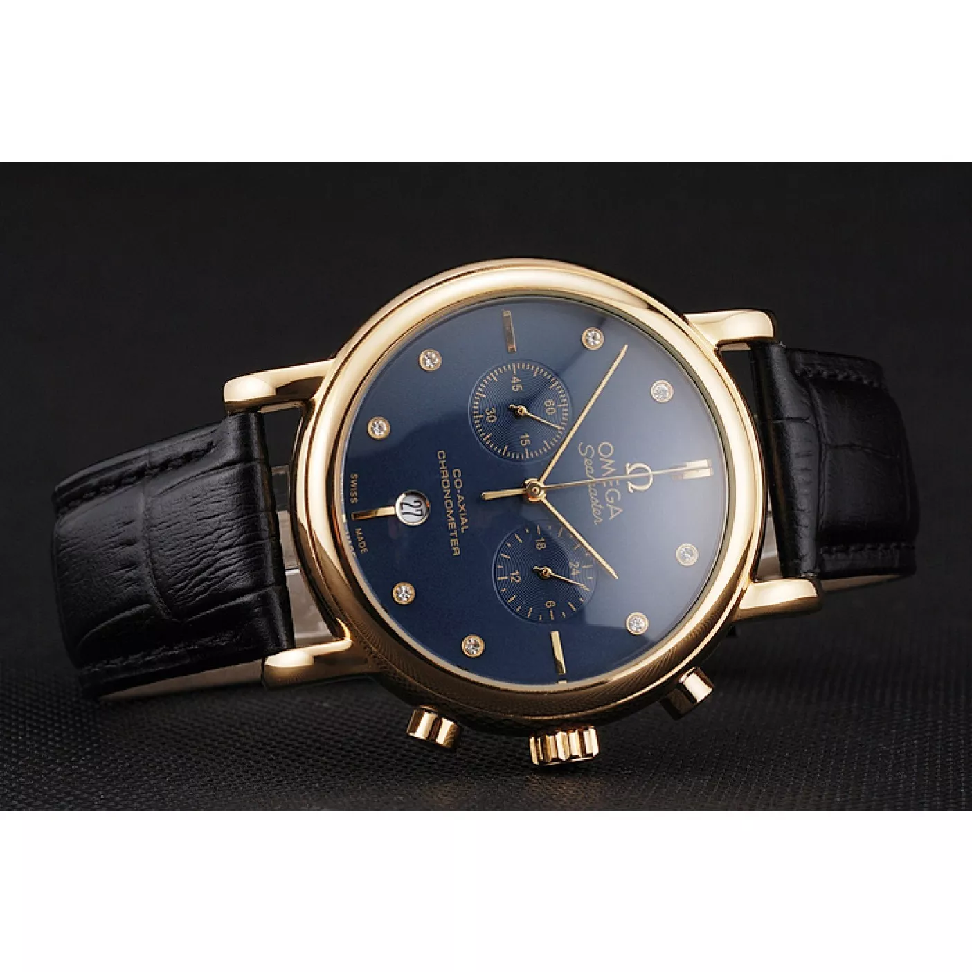 Rolex copies cheap Omega Seamaster Vintage Chronograph Blue Dial Diamond Hour Marks Gold Case Black Leather Strap 0119