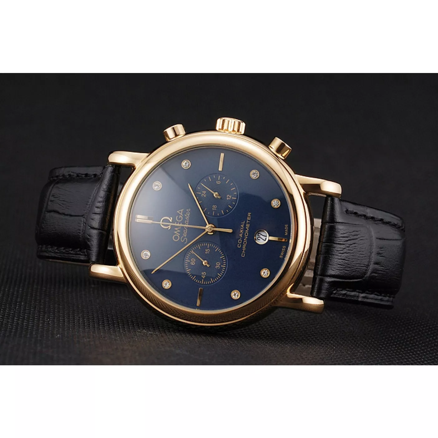 Rolex copies cheap Omega Seamaster Vintage Chronograph Blue Dial Diamond Hour Marks Gold Case Black Leather Strap 0119