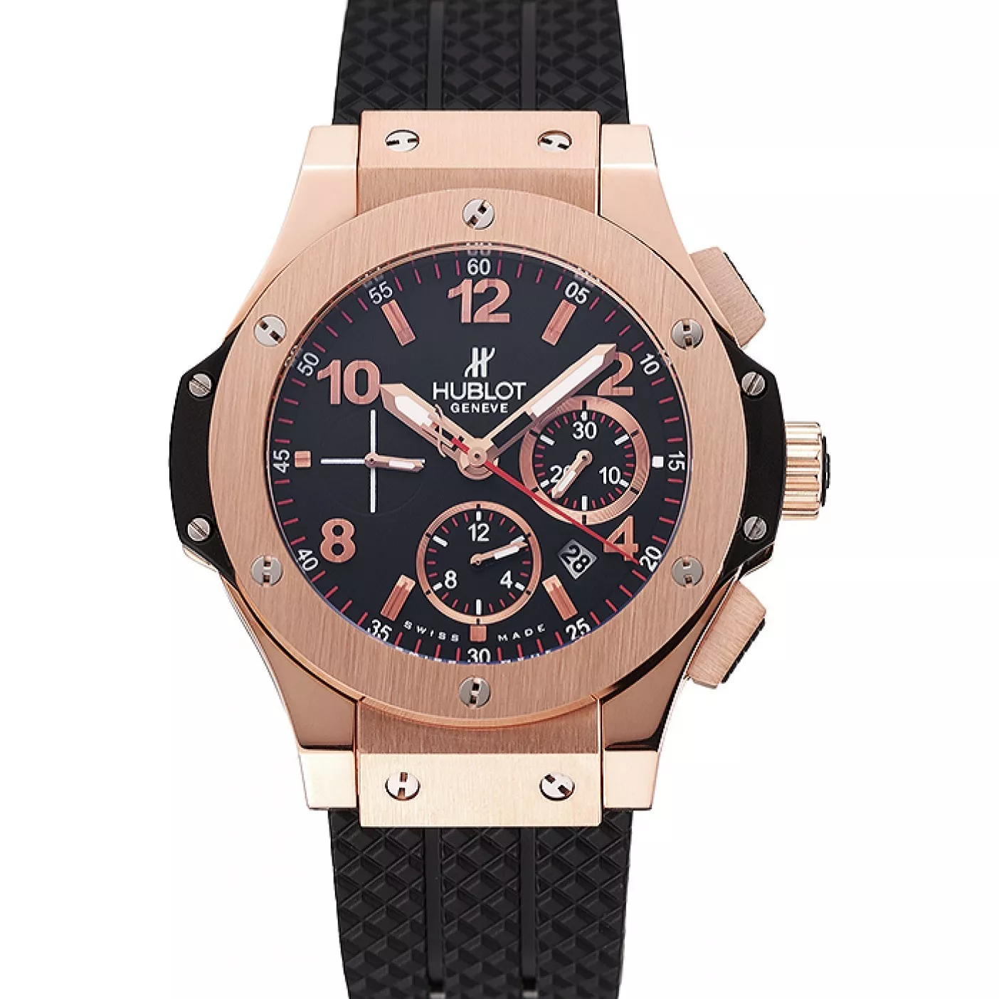 Rolex aaa copy Swiss Hublot Big Bang Black Dial Rose Gold Case Black Rubber Bracelet 1453898 0127