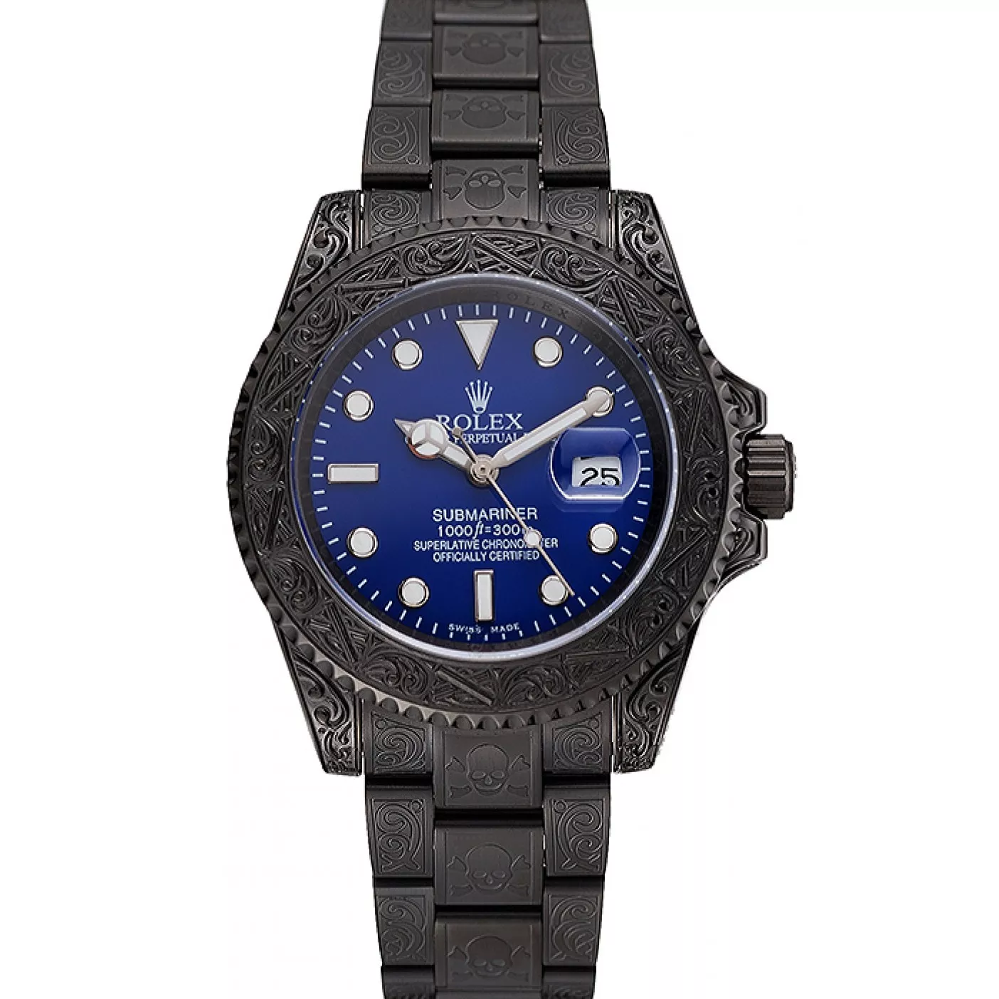 Swiss Rolex Submariner Skull Limited Edition Blue Dial All Black Case And Bracelet 1454084 0123