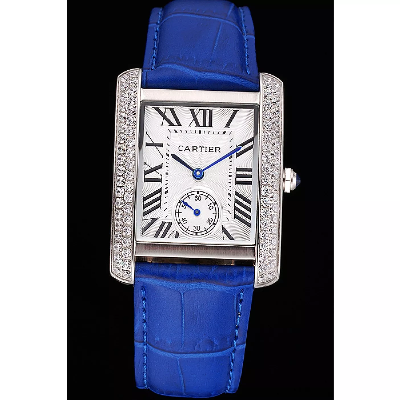 Rolex copies cheap Cartier Tank MC Stainless Steel Diamond Case White Dial Blue Leather Strap 622172 0129