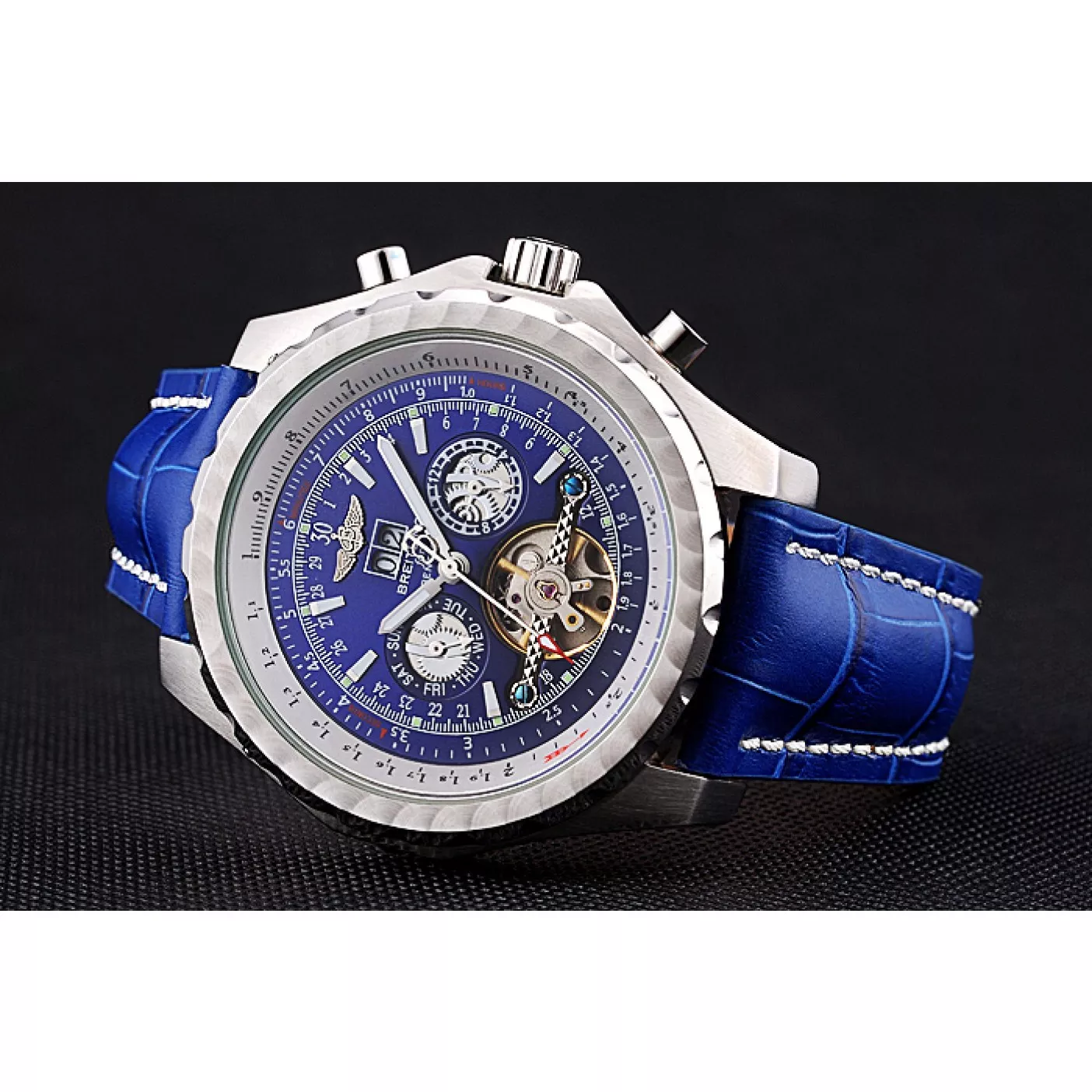 Rolex aaa copy Breitling Bentley Mulliner Tourbillon Blue Dial Stainless Steel Case Blue Leather Strap 622726 0128