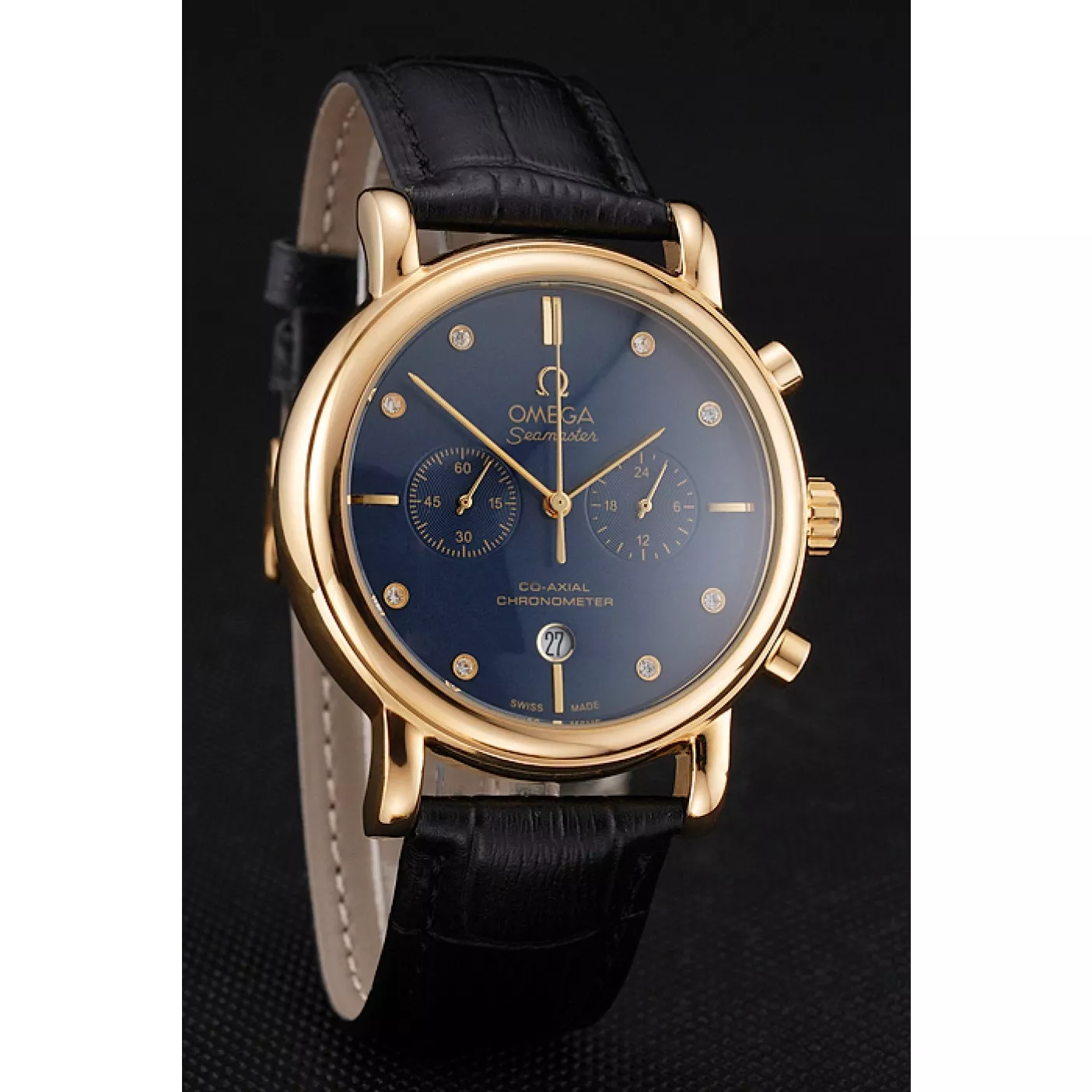 Rolex copies cheap Omega Seamaster Vintage Chronograph Blue Dial Diamond Hour Marks Gold Case Black Leather Strap 0119