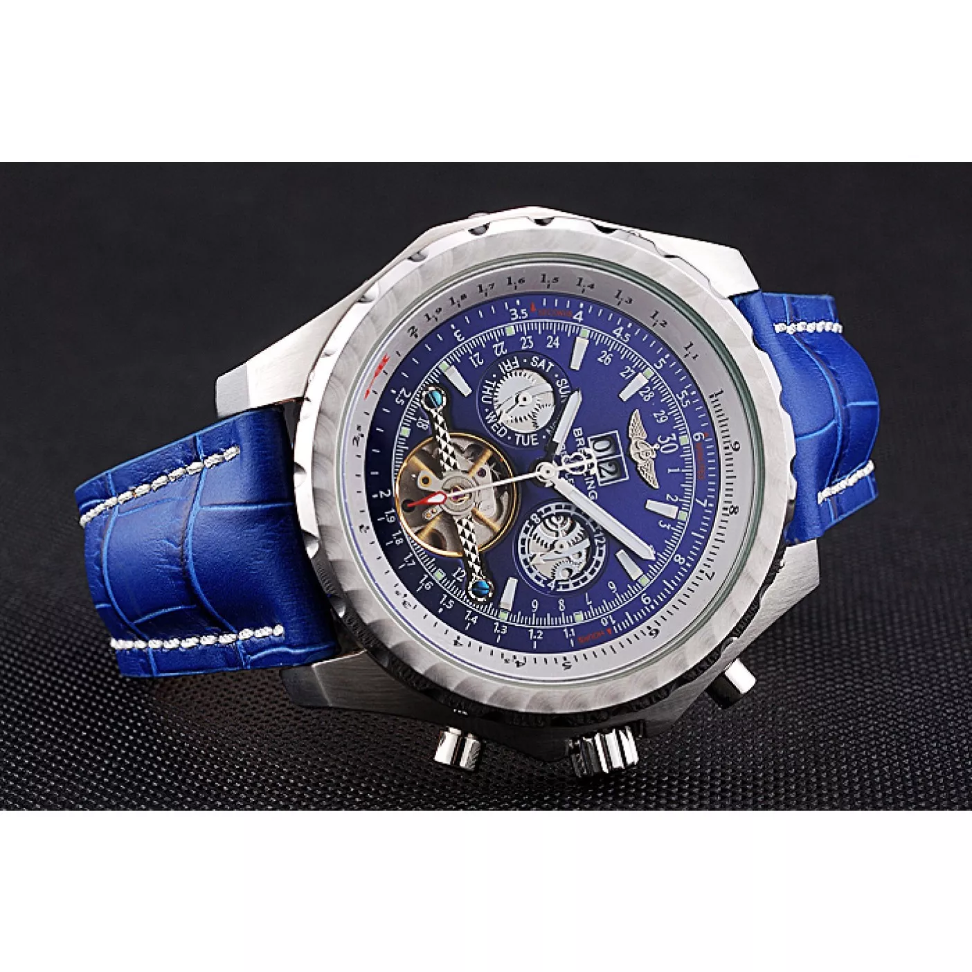 Rolex aaa copy Breitling Bentley Mulliner Tourbillon Blue Dial Stainless Steel Case Blue Leather Strap 622726 0128