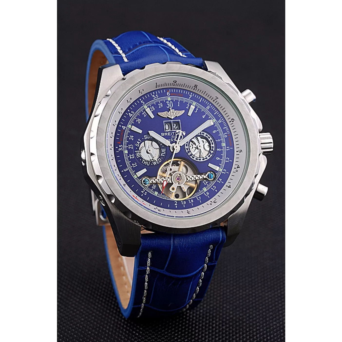 Rolex aaa copy Breitling Bentley Mulliner Tourbillon Blue Dial Stainless Steel Case Blue Leather Strap 622726 0128