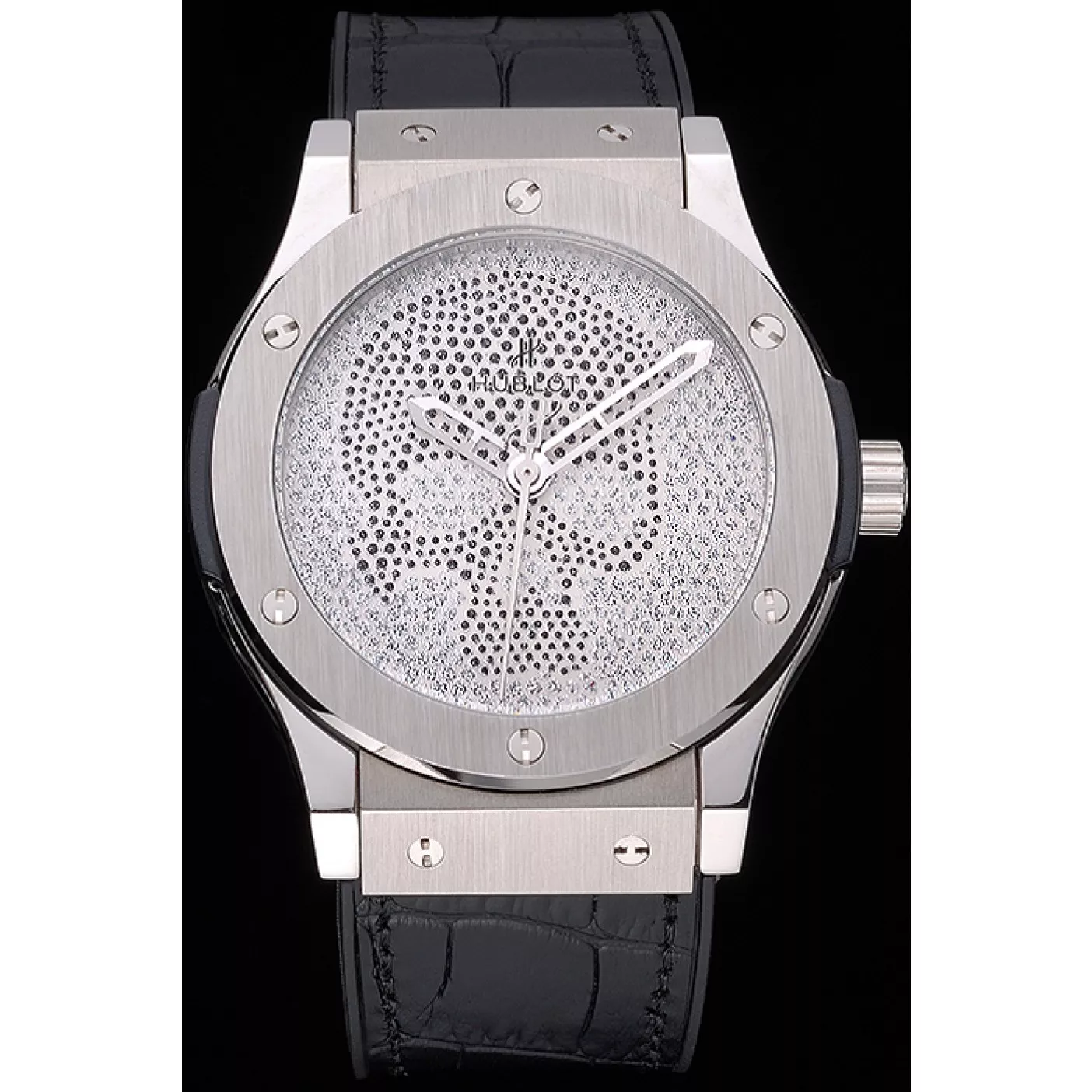 Good copy rolex watches Hublot Classic Fusion Diamond Skull Dial Stainless Steel Case Black Leather Strap 622814 0117