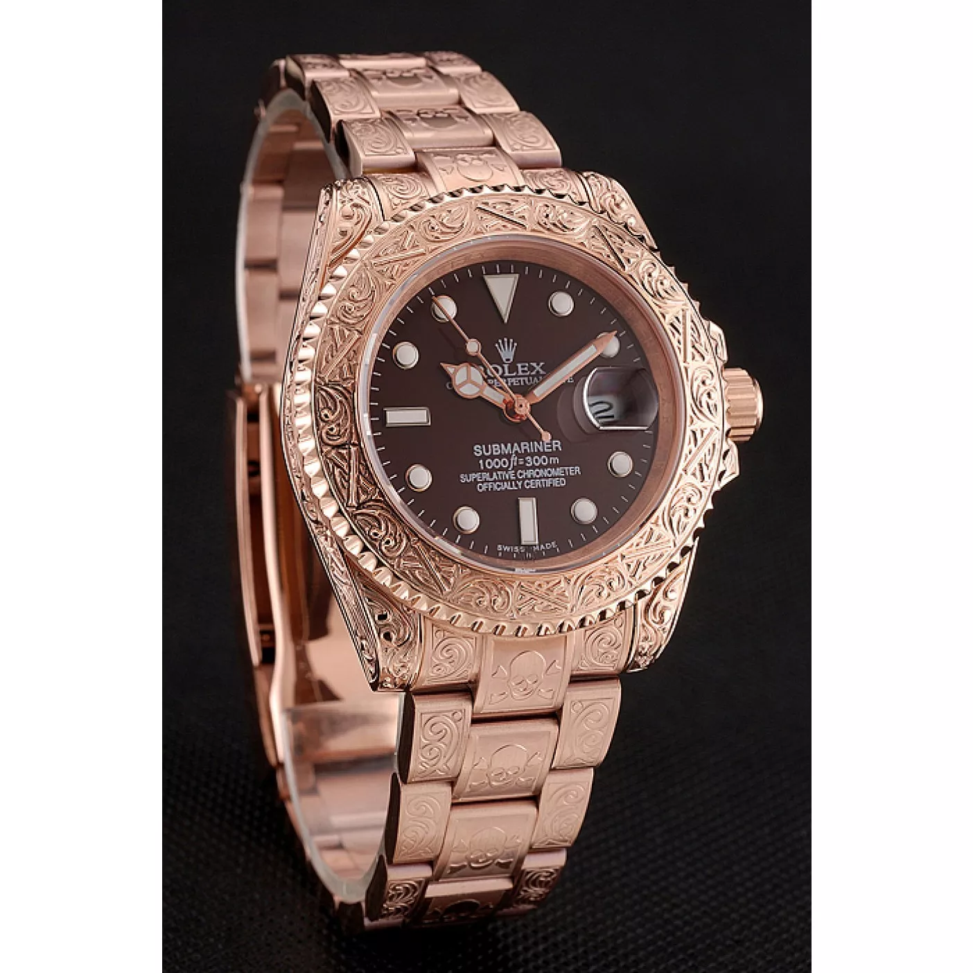 Rolex aaa copy Swiss Rolex Submariner Skull Limited Edition Brown Dial Rose Gold Case And Bracelet 1454087 0123