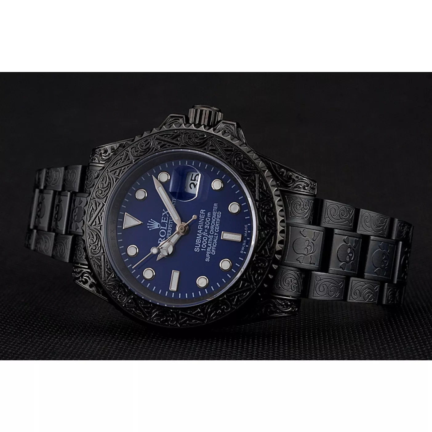 Rolex copies cheap Swiss Rolex Submariner Skull Limited Edition Blue Dial All Black Case And Bracelet 1454084 0123