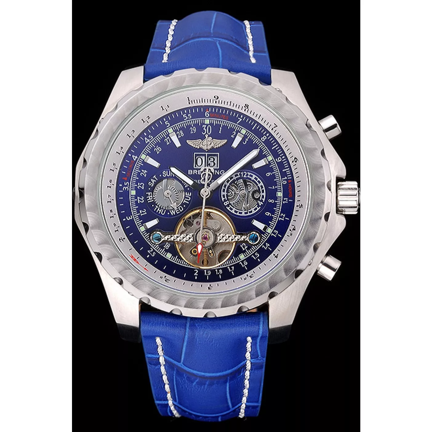 Rolex aaa copy Breitling Bentley Mulliner Tourbillon Blue Dial Stainless Steel Case Blue Leather Strap 622726 0128