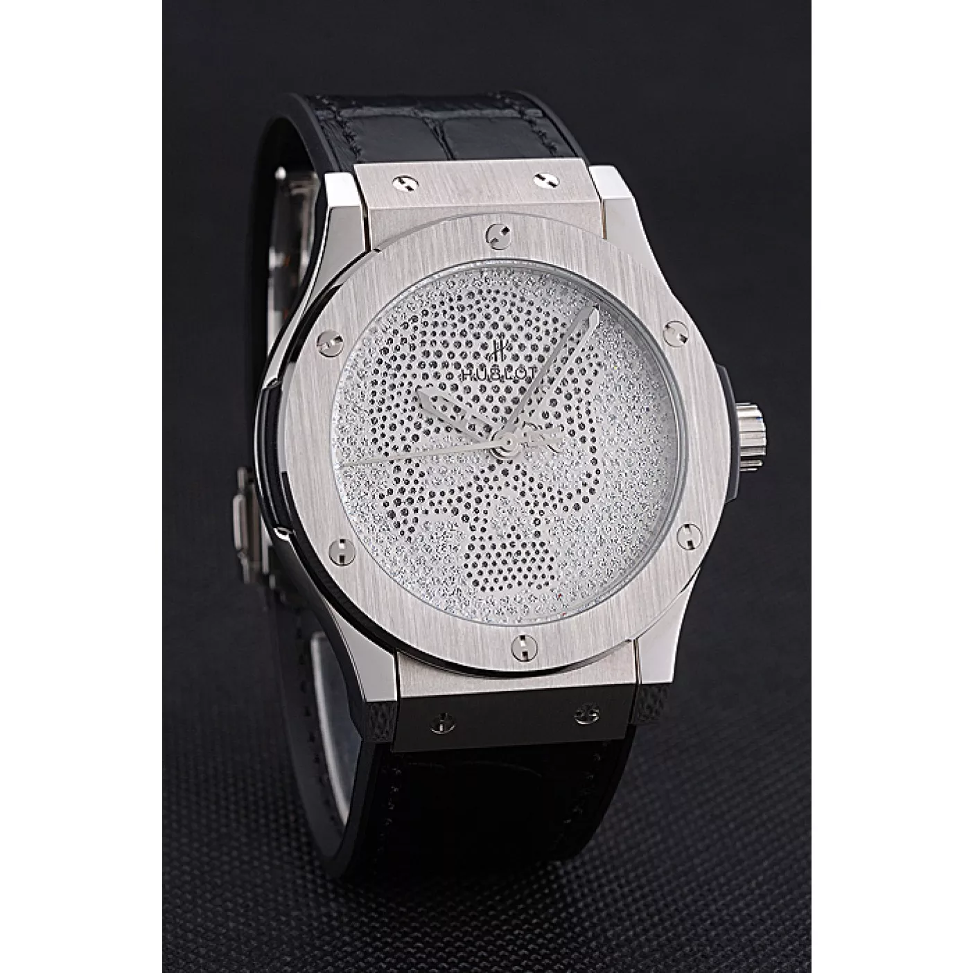 Good copy rolex watches Hublot Classic Fusion Diamond Skull Dial Stainless Steel Case Black Leather Strap 622814 0117