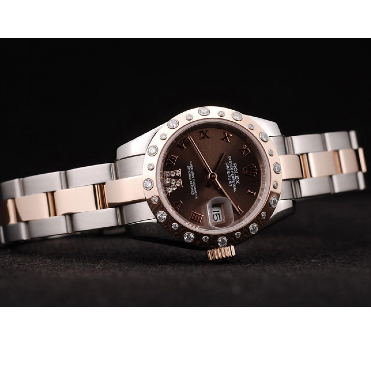 Rolex copies cheap Plated Diamond Case Steel Brown Rolex Dial Stainless Brushed DateJust 0224