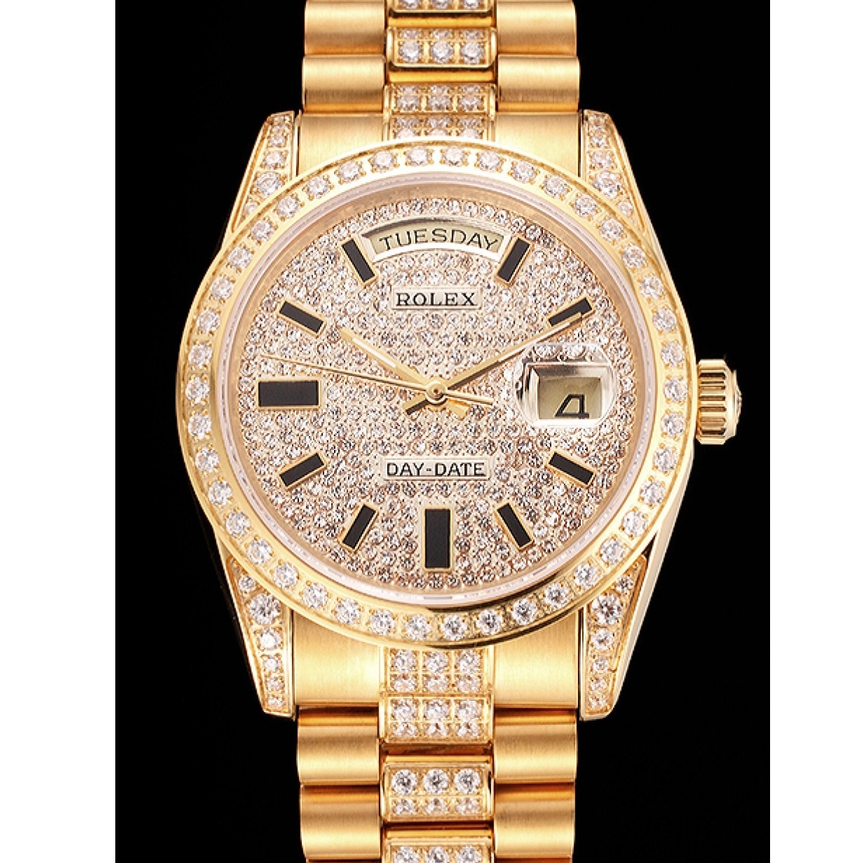 AAA replica watch Diamond Yellow Date Swiss Gold Pave Day Rolex 0211