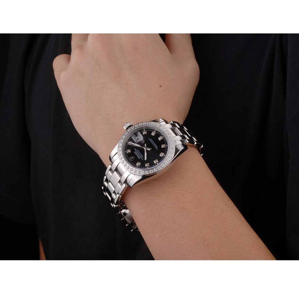 Good copy rolex watches Dial Black Diamond DateJust Stainless Steel Bracelet Rolex Bezel 0217