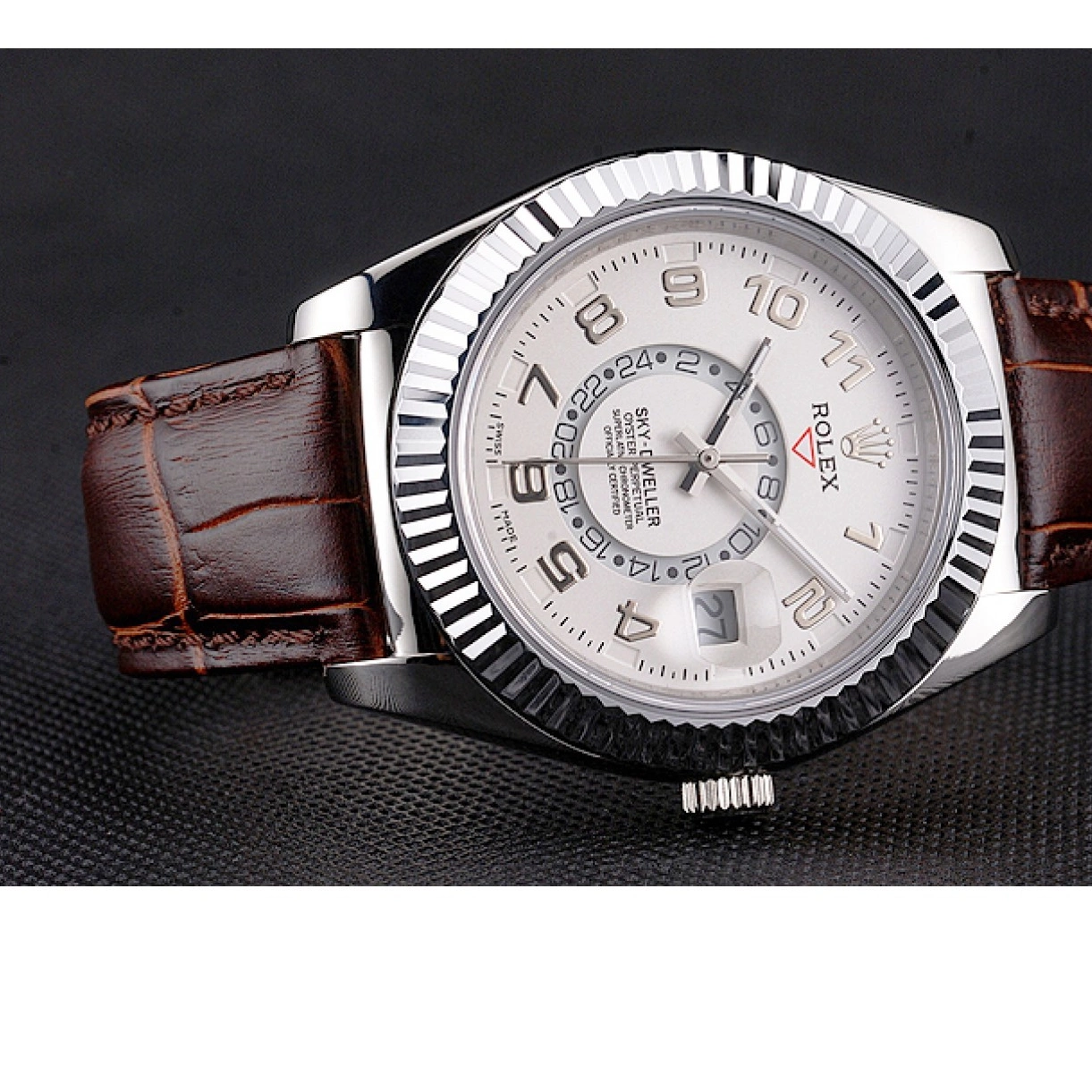 Rolex aaa copy Brown Stainless Rolex Leather Dweller White Dial Steel Sky Case Strap 0227