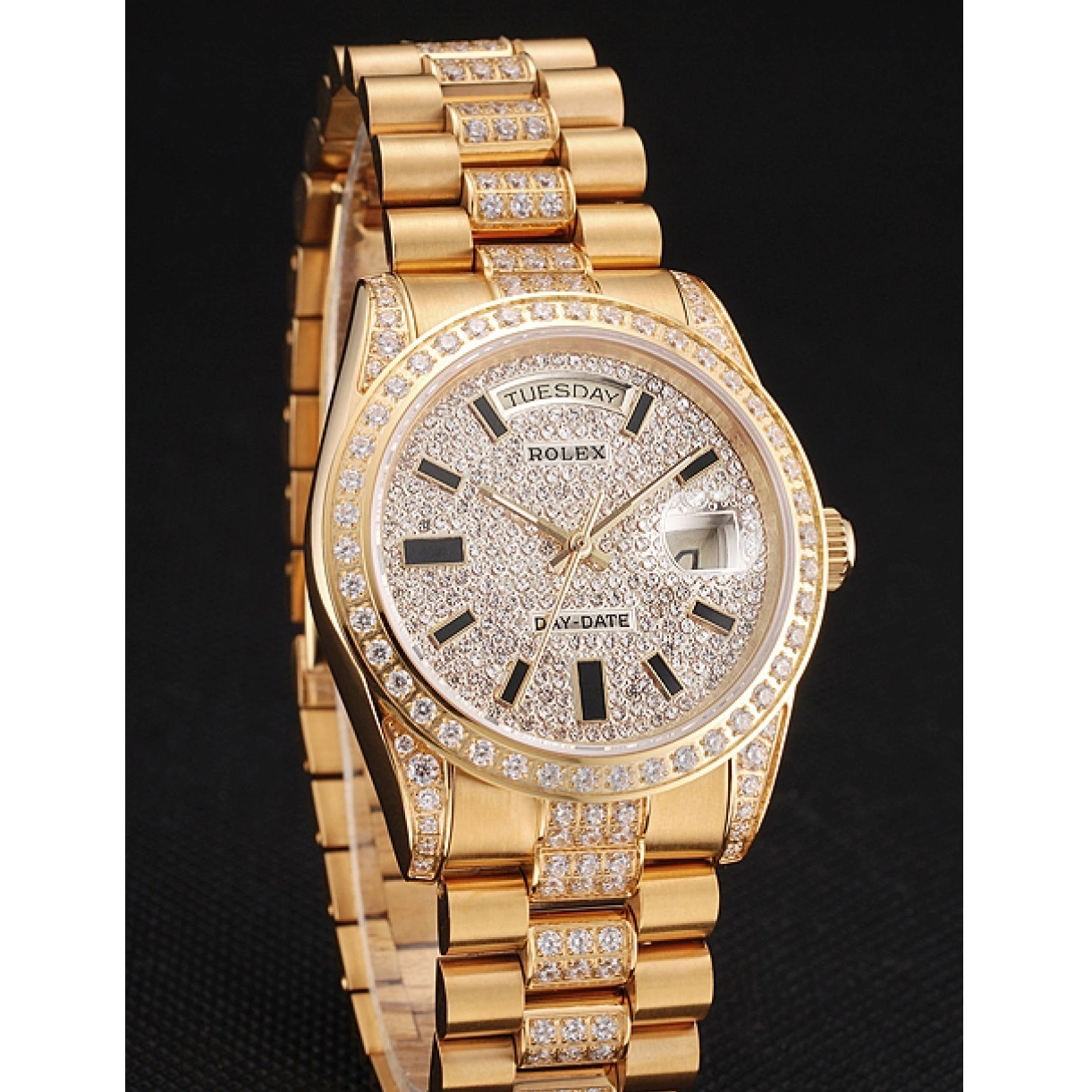 AAA replica watch Diamond Yellow Date Swiss Gold Pave Day Rolex 0211