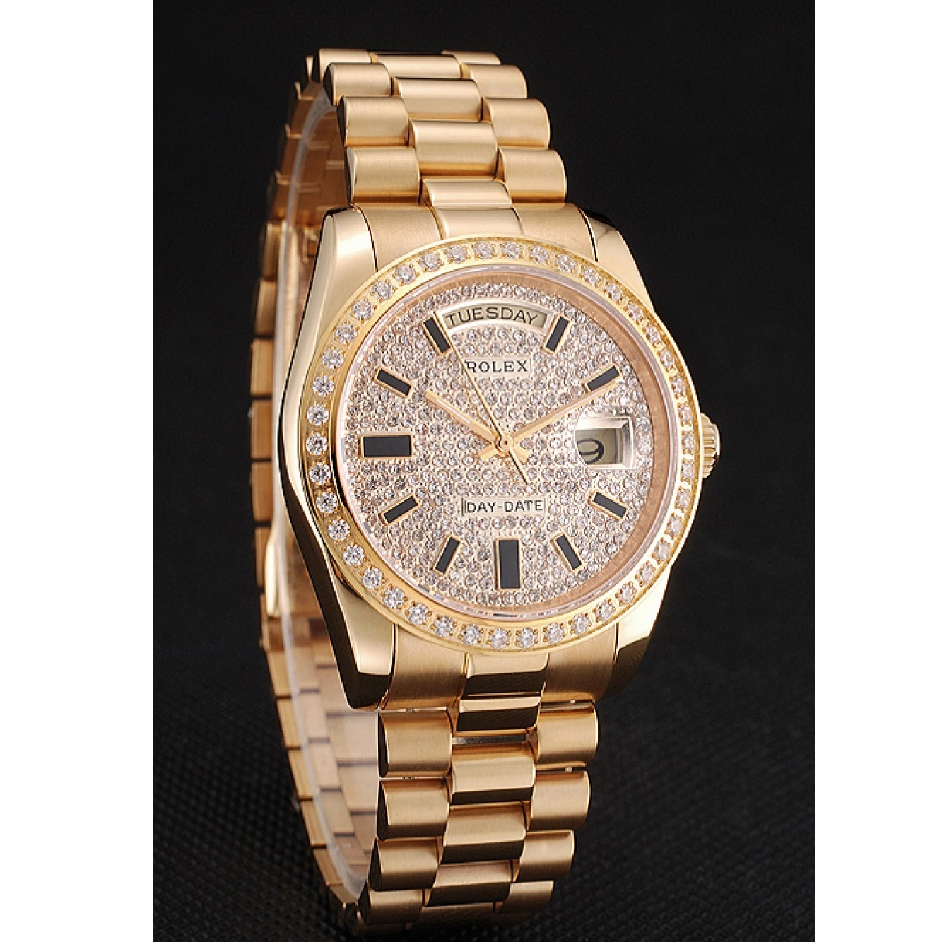 Rolex aaa copy Diamond Bezel Date Bracelet Case Swiss And Day Gold Pave And Rolex Dial 0210