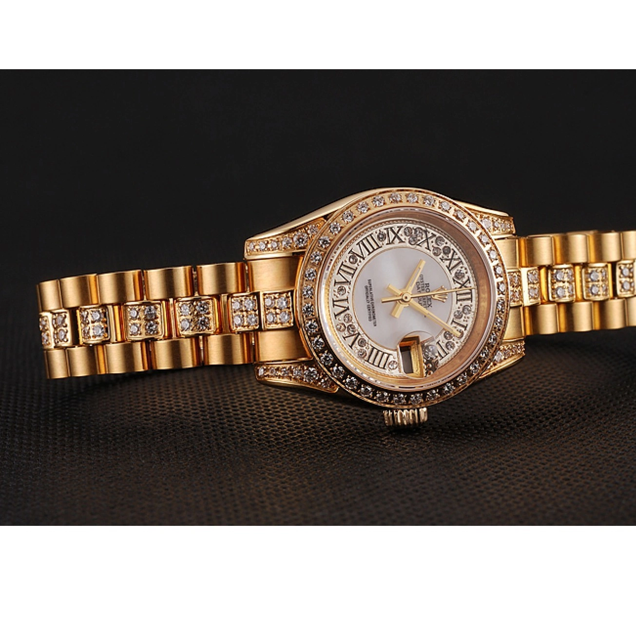 Good copy rolex watches Bracelet White Diamond Gold Dial Pave Diamond DayJust 1453957 Swiss Rolex 0212