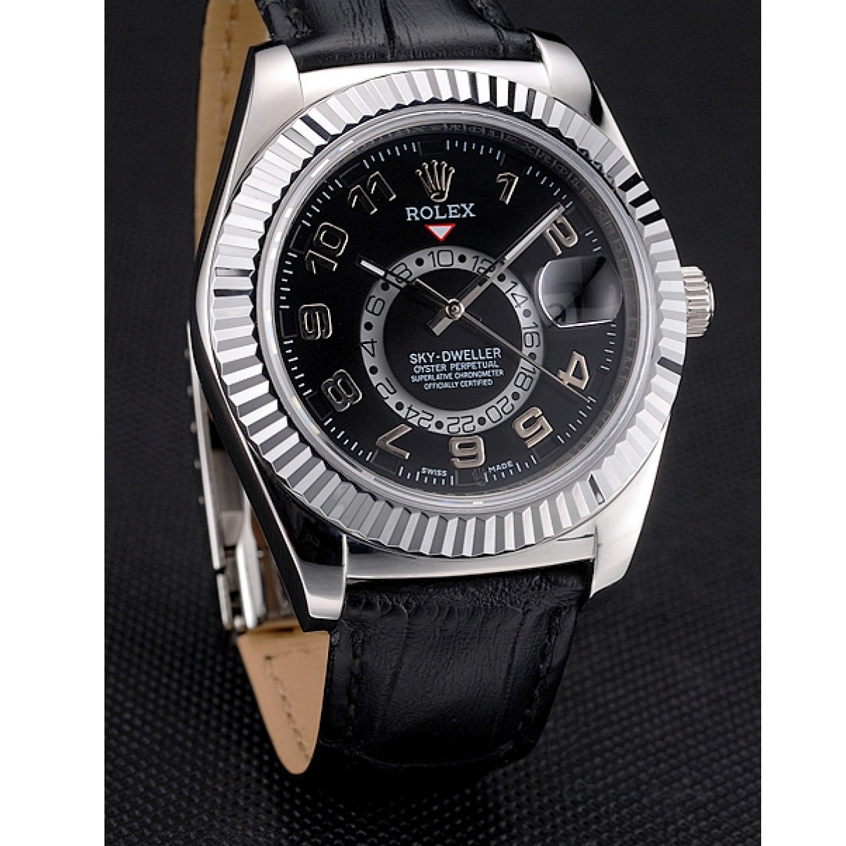 AAA replica watch Case Stainless Sky Black Dweller Rolex Leather Dial Strap Black Steel 0218