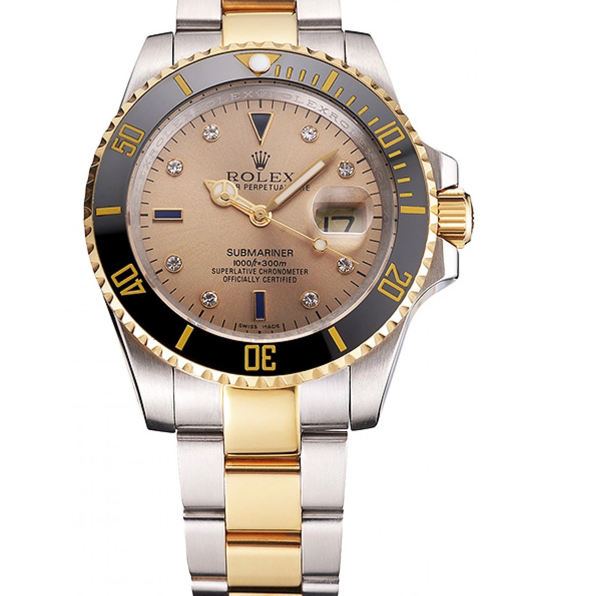 Good copy rolex watches Bezel Rolex Submariner Tone Gold Gold Black Steel Diamond Swiss Markings Bracelet Dial Two 0210