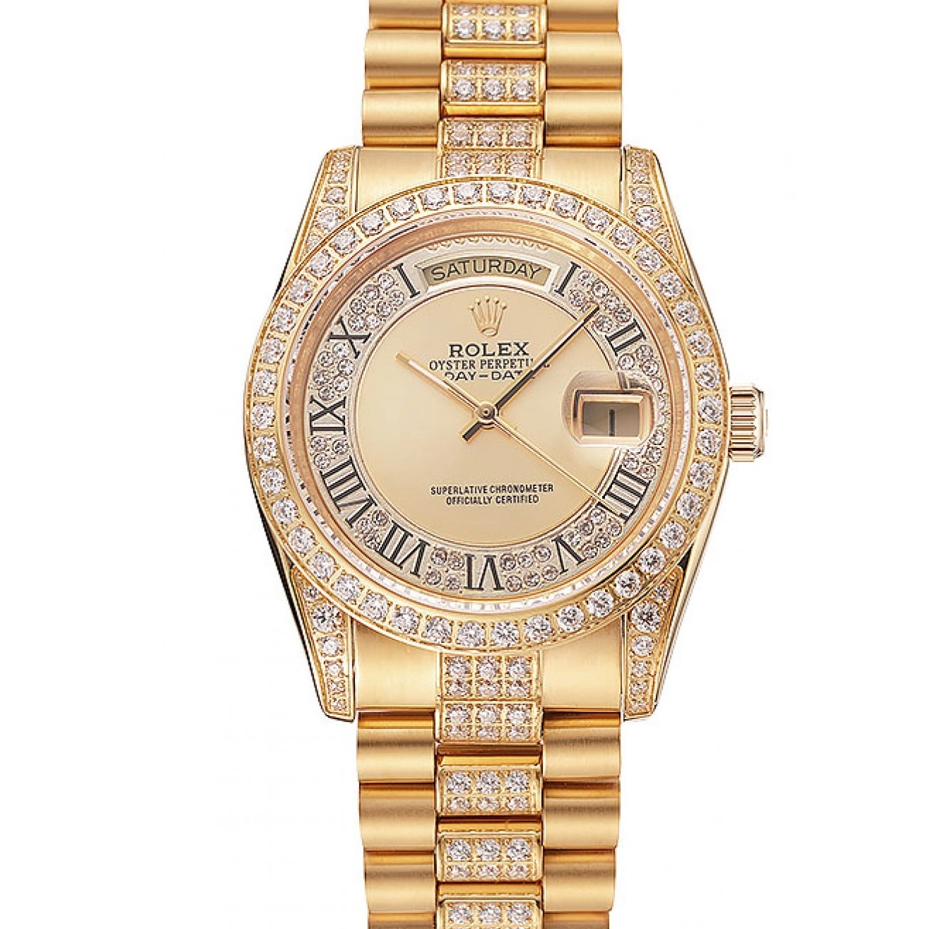 AAA replica watch Gold Diamond Diamond Dial Gold Swiss Bracelet 1453954 Pave Rolex Day-Date 0213