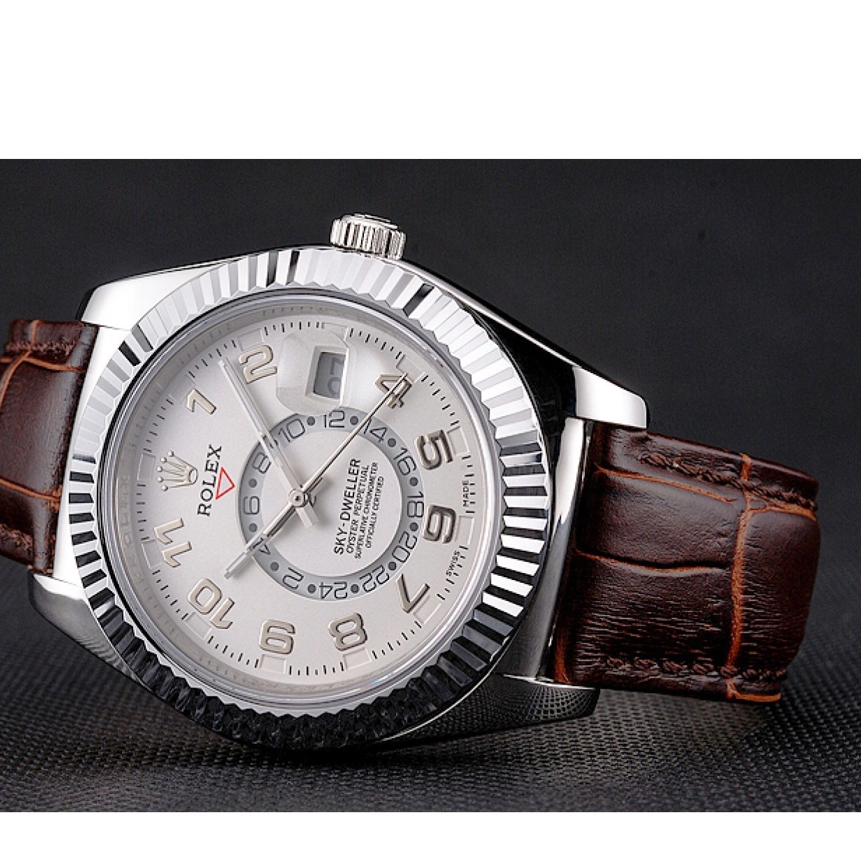 Rolex aaa copy Brown Stainless Rolex Leather Dweller White Dial Steel Sky Case Strap 0227