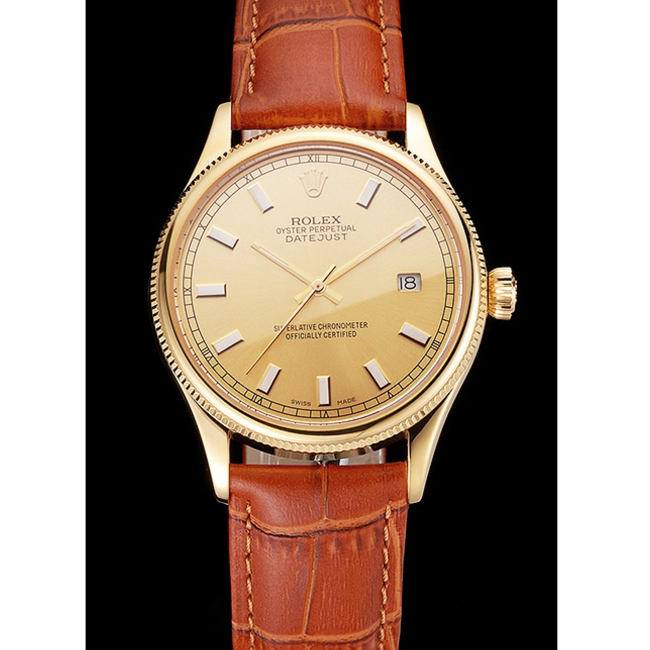 AAA replica watch Light Dial Gold Brown Datejust Swiss Leather Case Gold Strap Rolex 0212