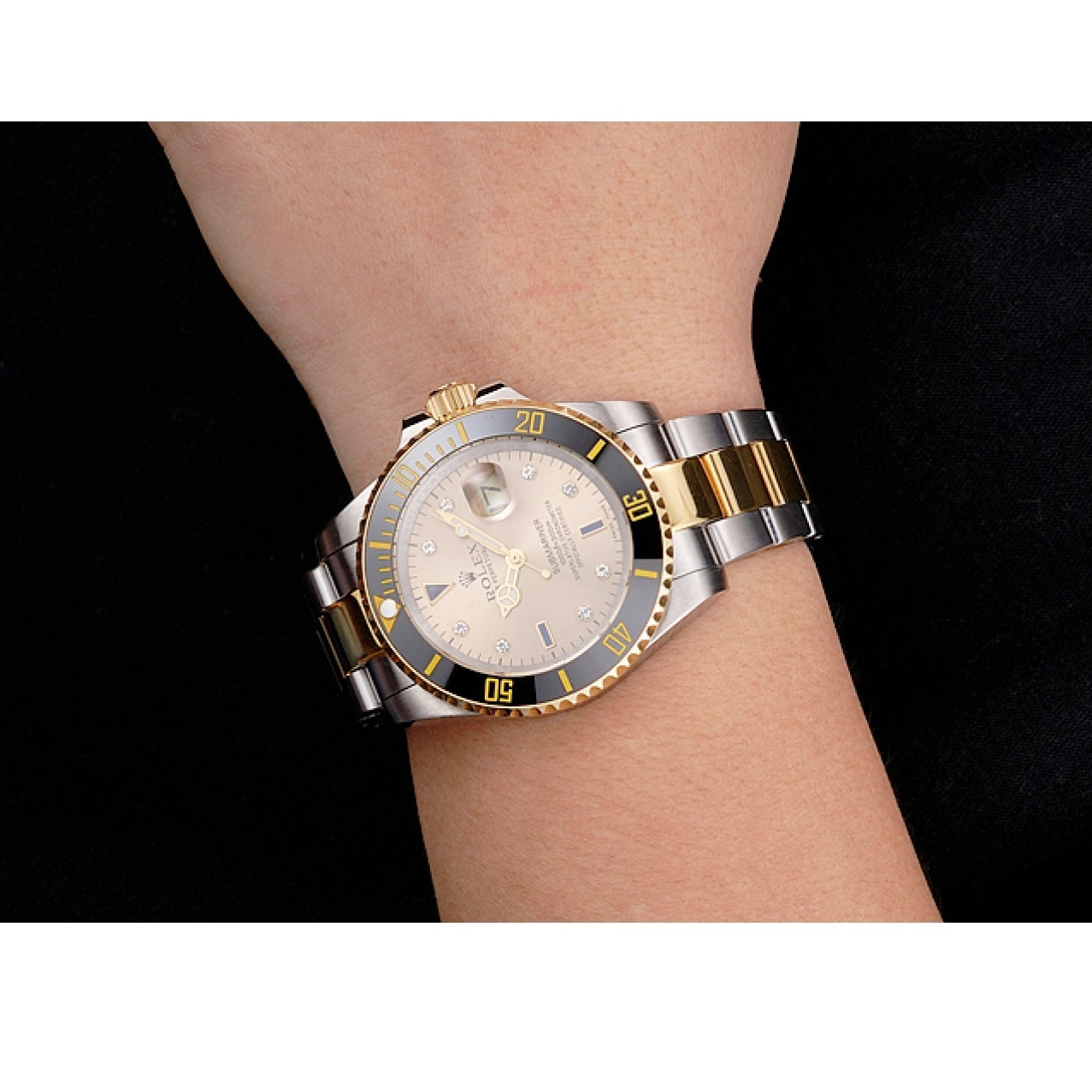 Good copy rolex watches Bezel Rolex Submariner Tone Gold Gold Black Steel Diamond Swiss Markings Bracelet Dial Two 0210