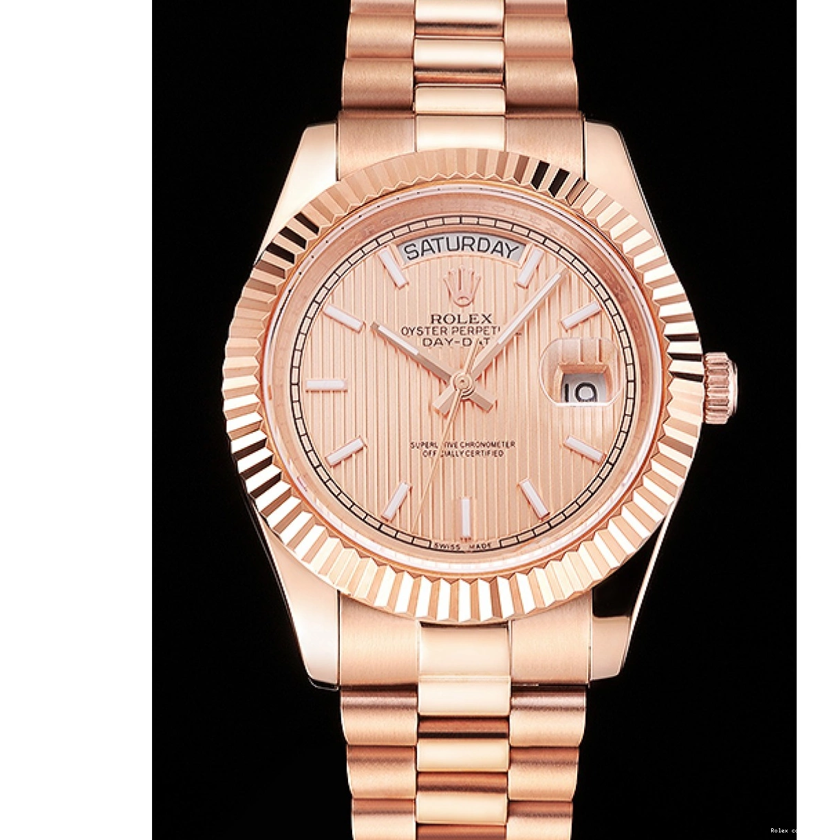 Rolex copies cheap Gold Dial Rose Gold Etched Day Date Rolex Case Swiss And Bracelet Rose 40 0219