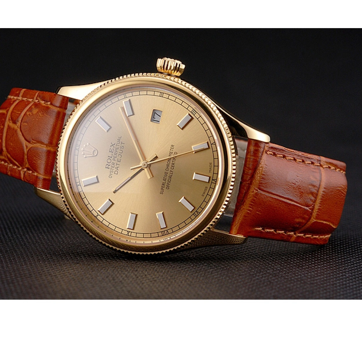 Rolex aaa copy Gold Dial Leather Case Rolex Gold Strap Brown Datejust Swiss Light 0226