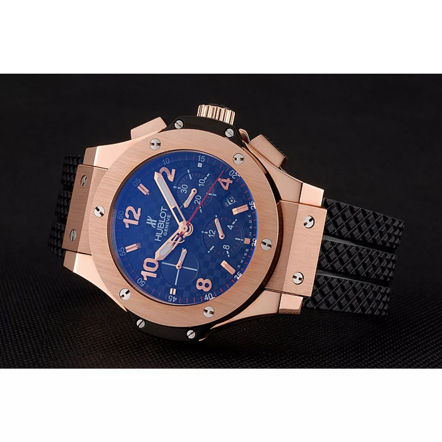 Rolex copies cheap Swiss Hublot Big Bang Carbon Effect Dial Rose Gold Case Black Rubber Bracelet 1453897 0205