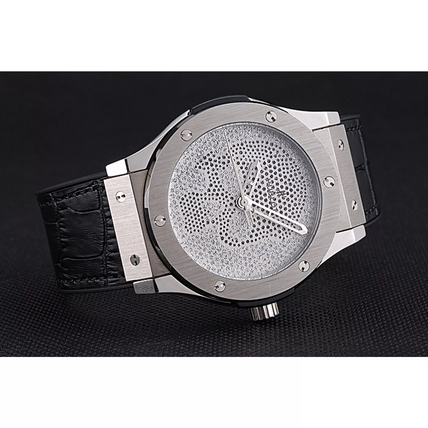 Rolex aaa copy Hublot Classic Fusion Diamond Skull Dial Stainless Steel Case Black Leather Strap 622814 0202