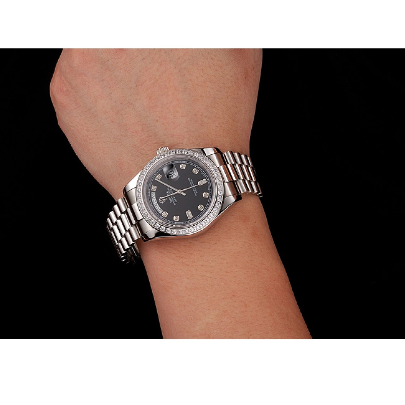 Rolex copies cheap Diamond Bracelet Case Day-Date Steel Diamond Swiss Rolex Dial Stainless Numerals Black 1453966 0212