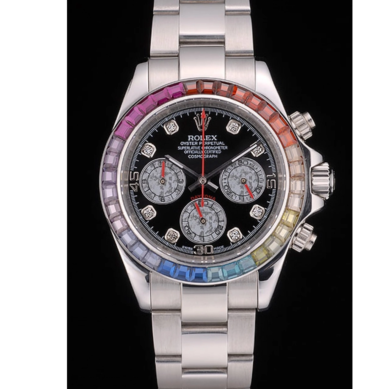 AAA replica watch Crystals Cosmograph Daytona Dial Black Rolex Stainless 80250 Strap Bezel Steep Rainbow 0210