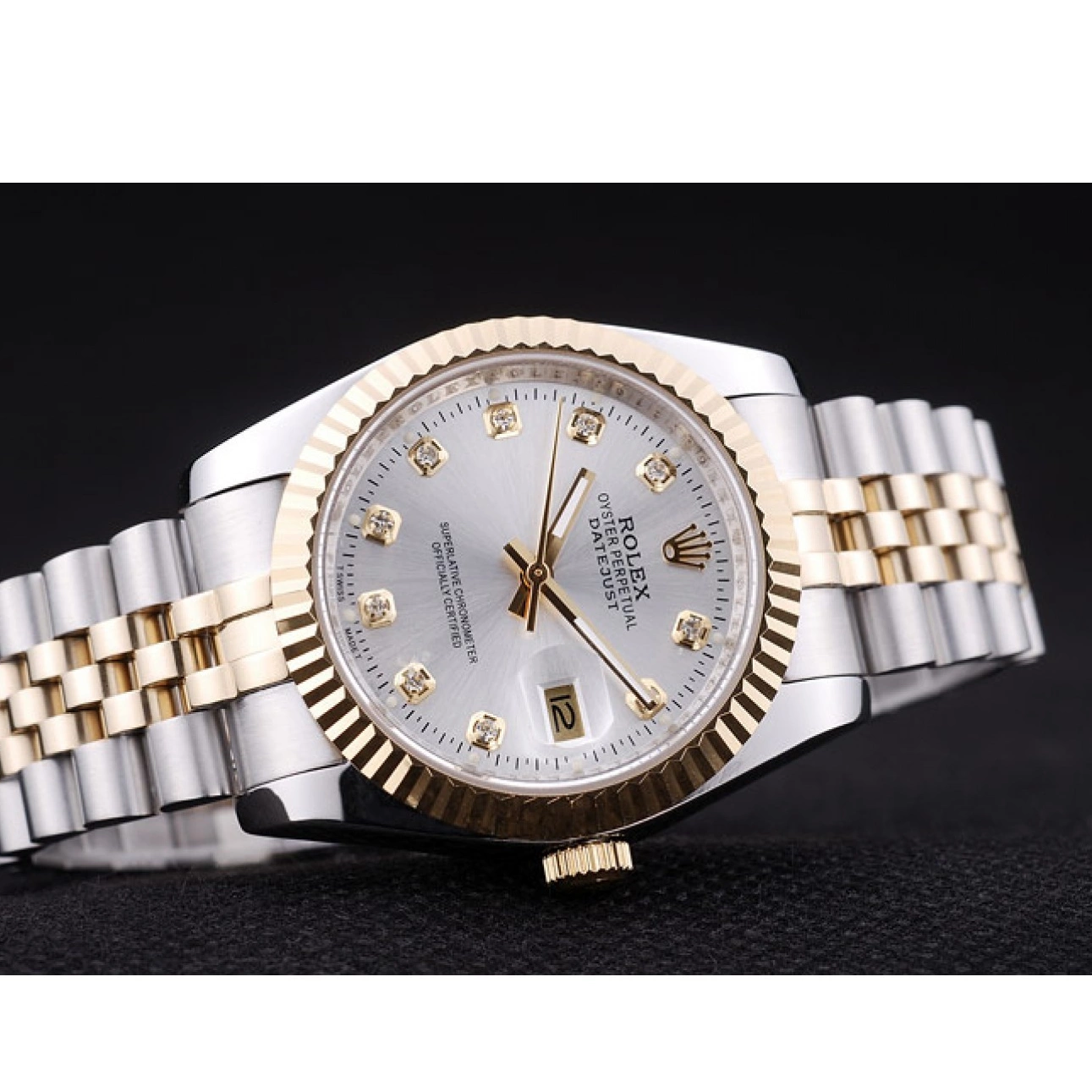 AAA replica watch Rolex 7454 Silver Diamonds Datejust Bezel Ribbed Dial 0210