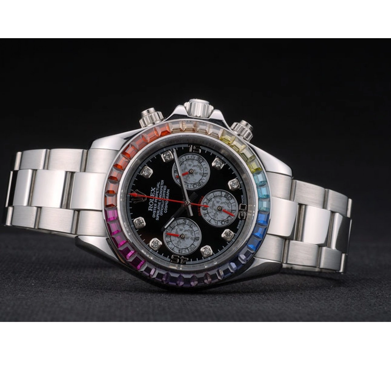 AAA replica watch Crystals Cosmograph Daytona Dial Black Rolex Stainless 80250 Strap Bezel Steep Rainbow 0210